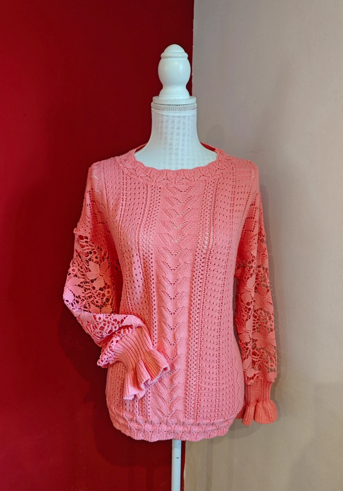 🌺 Bonito jersey rosa de entretiempo con puntos variados y mangas de crochet