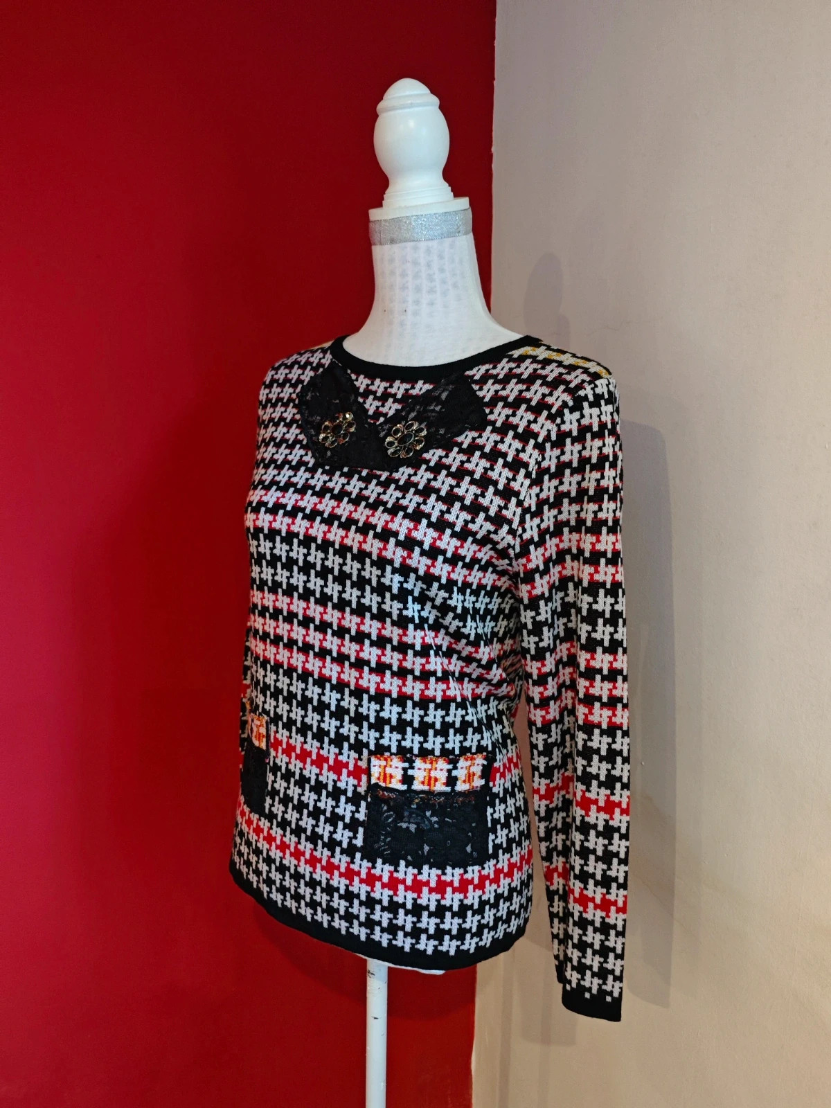 🌺 Original jersey estampado pata de gallo tonos negro, rojo y blanco, talla M – Elvet collection – taille M / 38 / 10 3