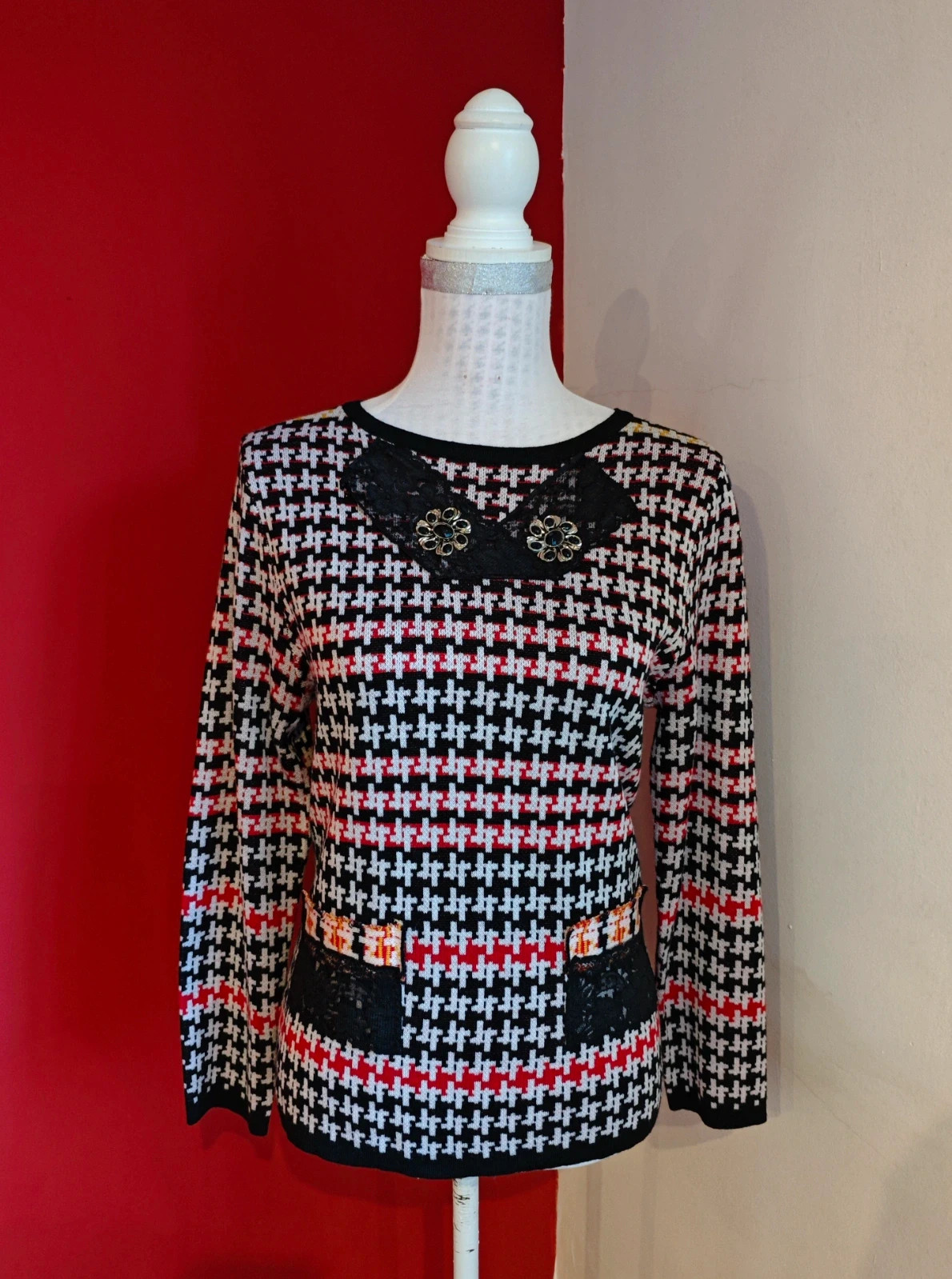 🌺 Original jersey estampado pata de gallo tonos negro, rojo y blanco, talla M – Elvet collection – taille M / 38 / 10 2