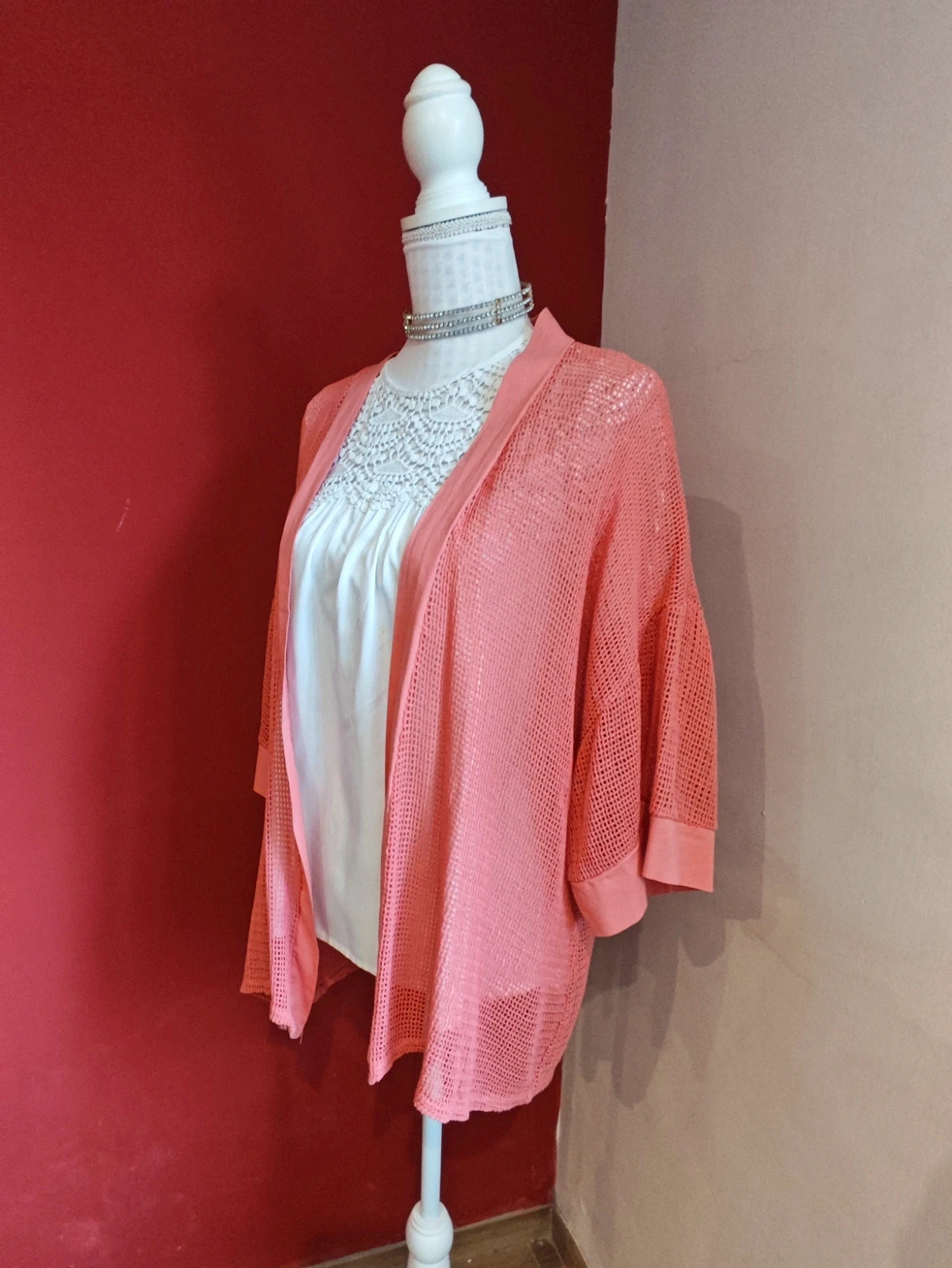 🌺Preciosa chaqueta de tejido de malla de algodón tono coral – taille XXXL / 46 / 18 2