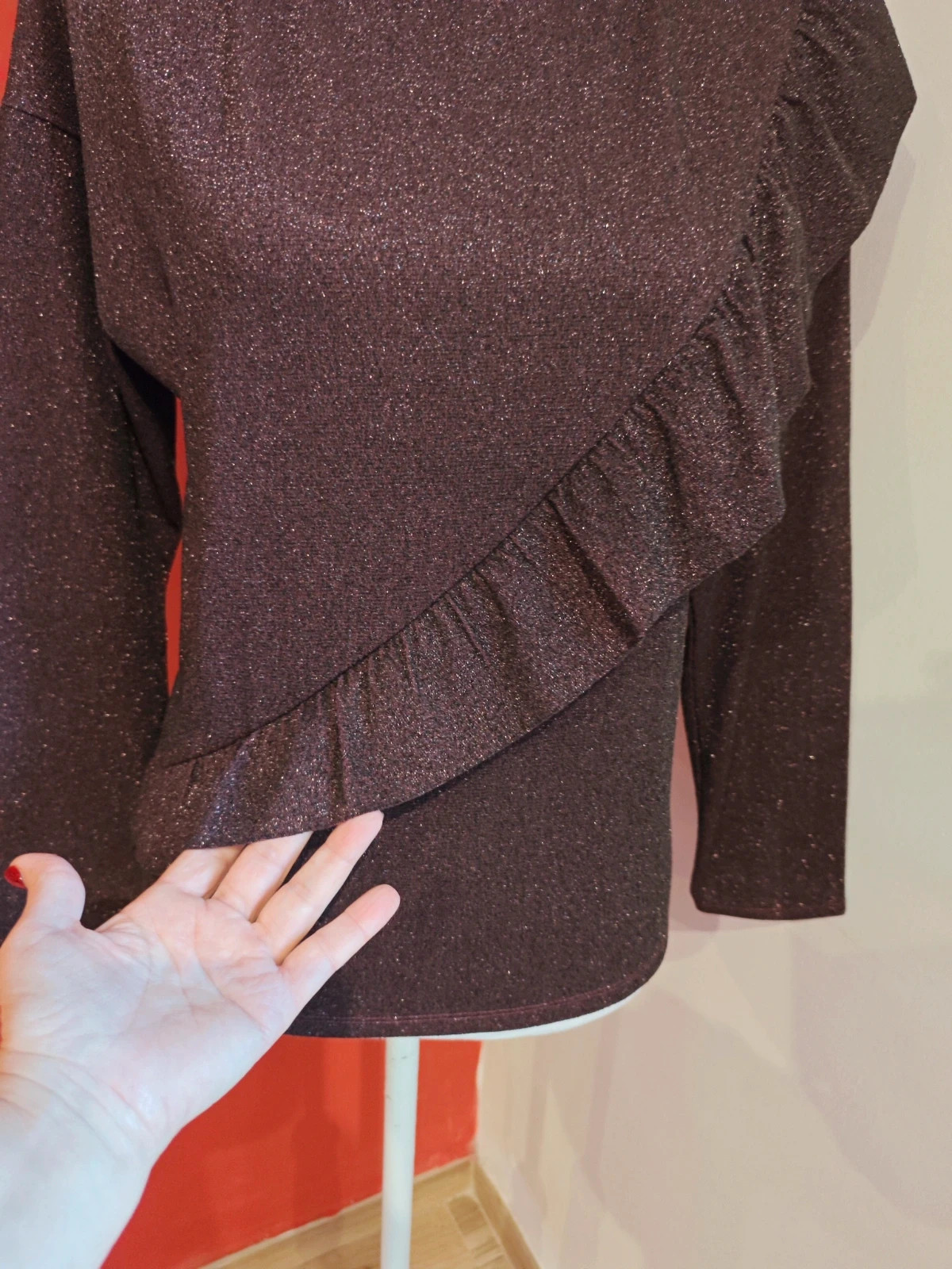 🌺 Bonito jersey morado de punto fino lurex con volante cruzado delante – Promod – taille XL / 42 / 14 5