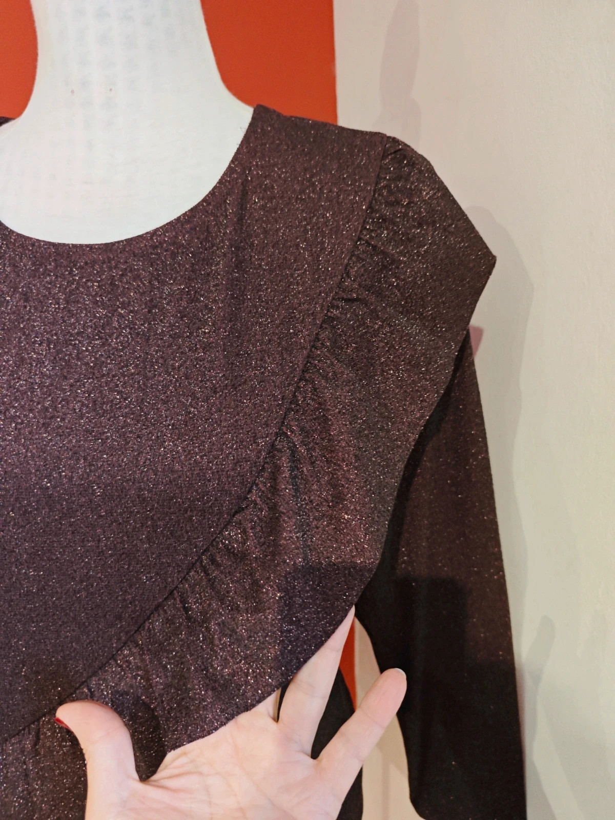🌺 Bonito jersey morado de punto fino lurex con volante cruzado delante – Promod – taille XL / 42 / 14 4