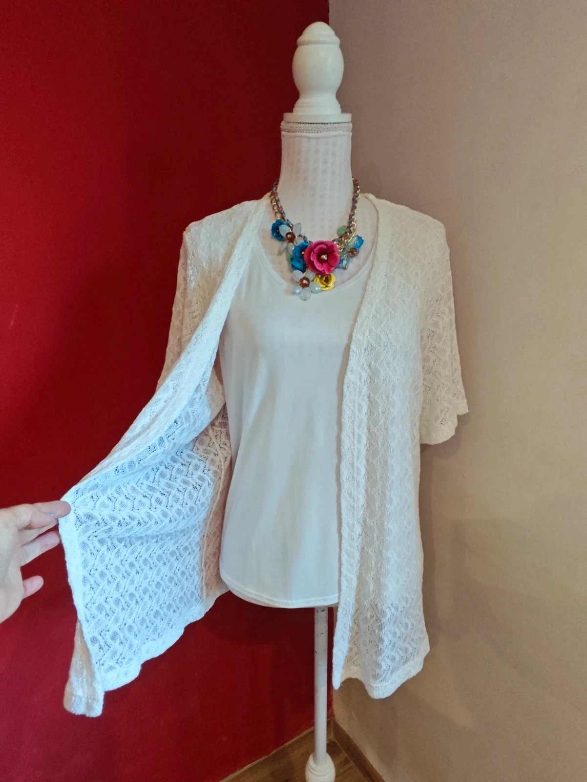 🌺 Bonito conjunto de top de tirantes anchos y rebeca de manga corta blancos – Local – taille XL / 42 / 14 3