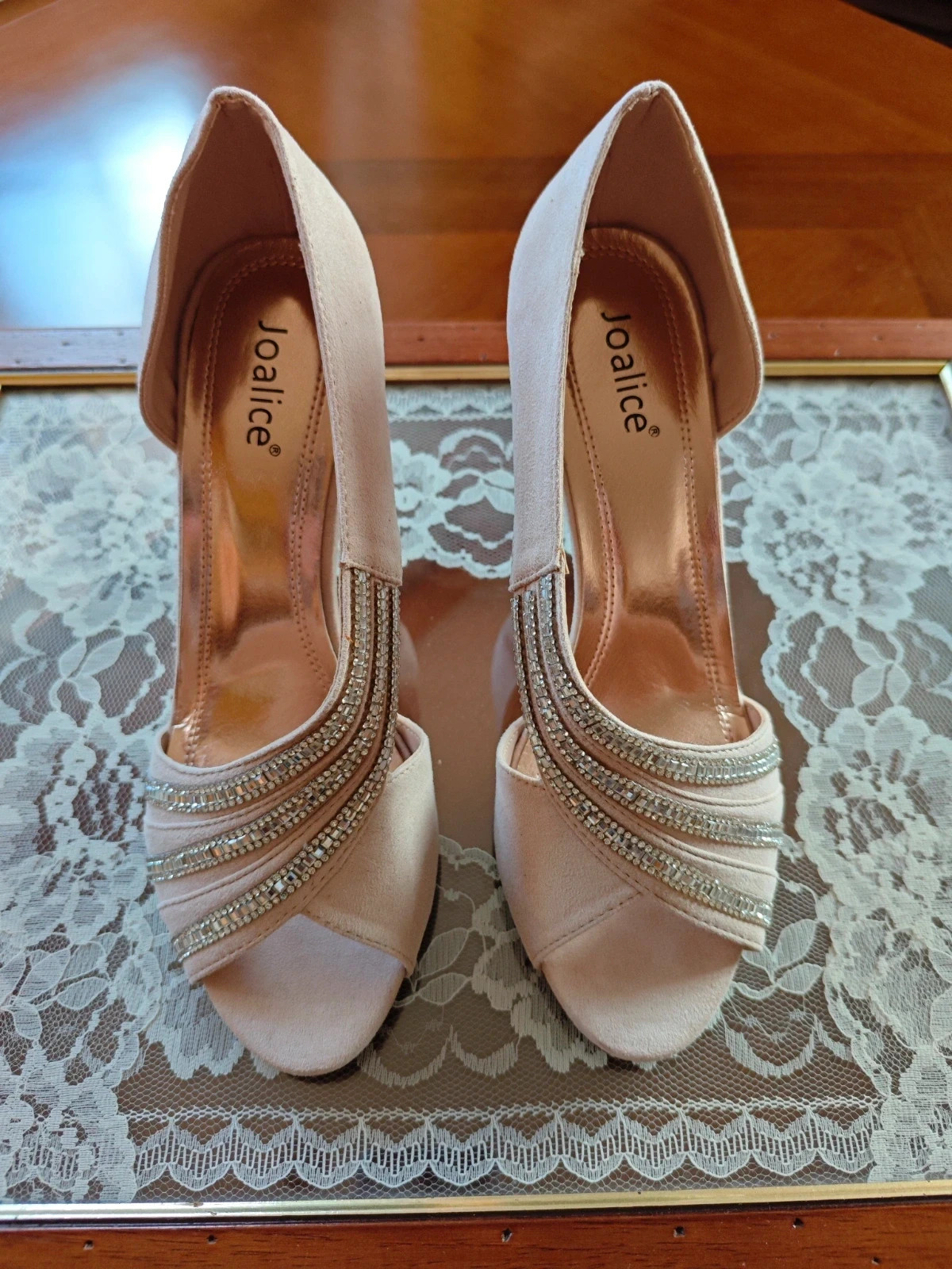 🌺 Elegantes zapatos para eventos de antelina rosa clarito con tiras de stras plateado – Joalice – taille 38 2
