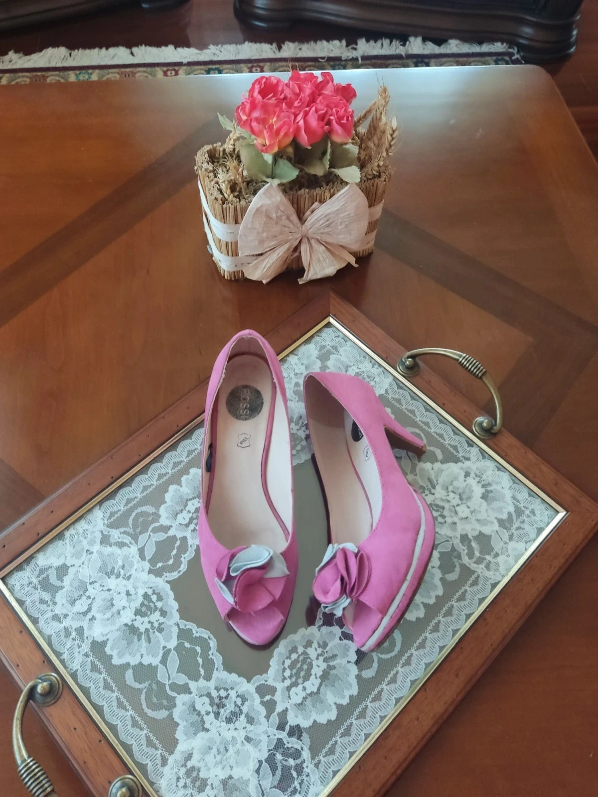 🌺 Bonitos zapatos peep toe de piel fucsia y gris con pequeña plataforma, número 37 – ROSSI – taille 37 2