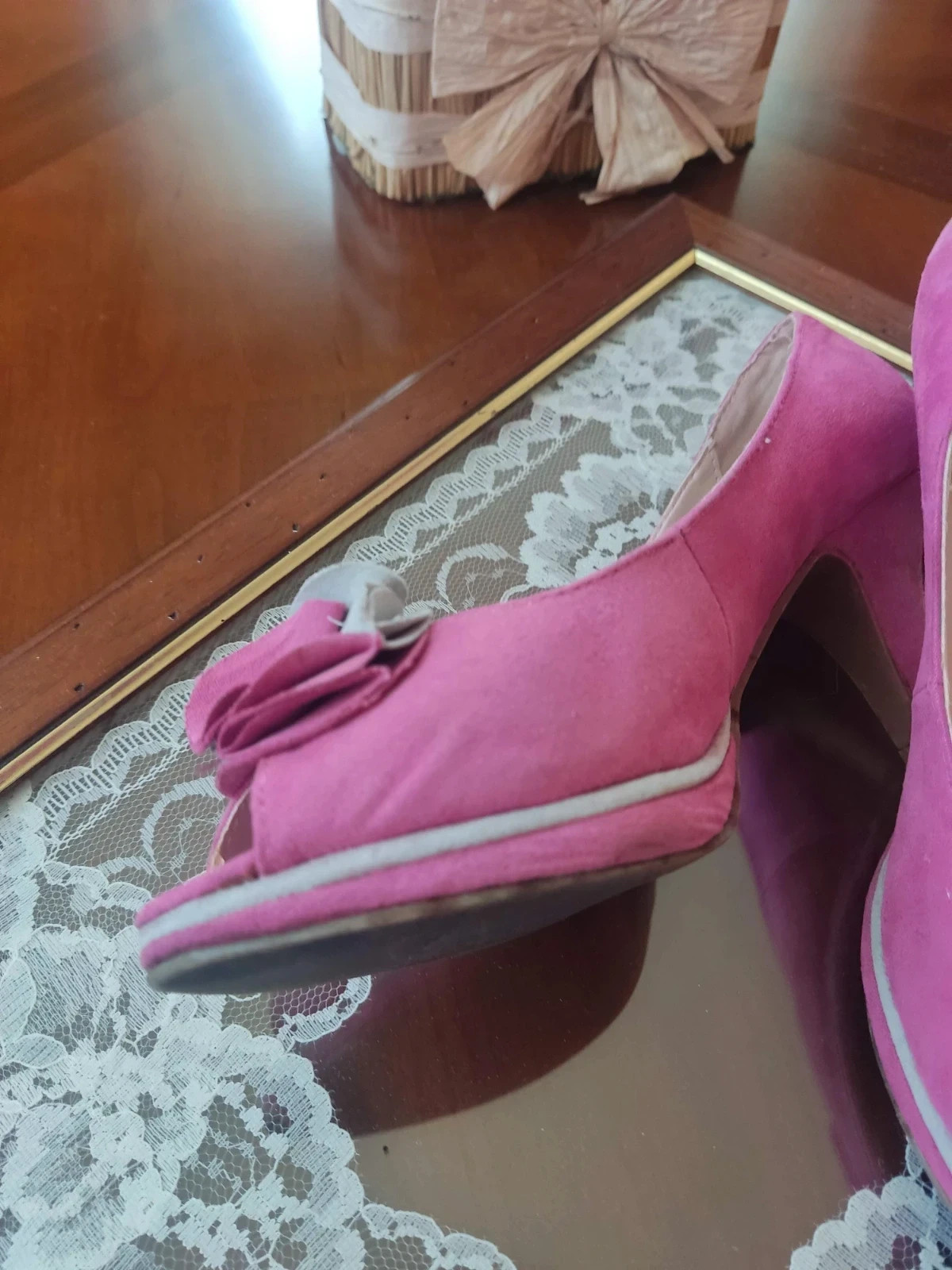 🌺 Bonitos zapatos peep toe de piel fucsia y gris con pequeña plataforma, número 37 – ROSSI – taille 37 4
