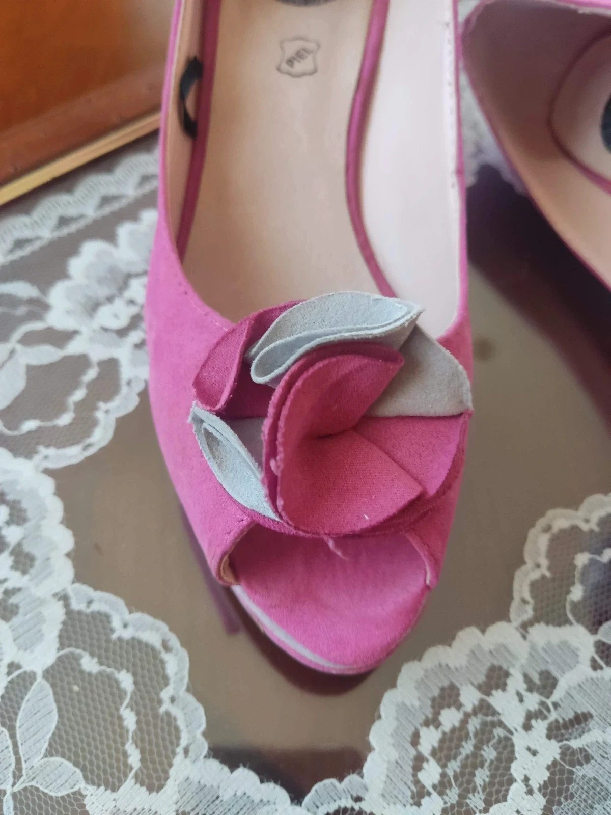 🌺 Bonitos zapatos peep toe de piel fucsia y gris con pequeña plataforma, número 37 – ROSSI – taille 37 3