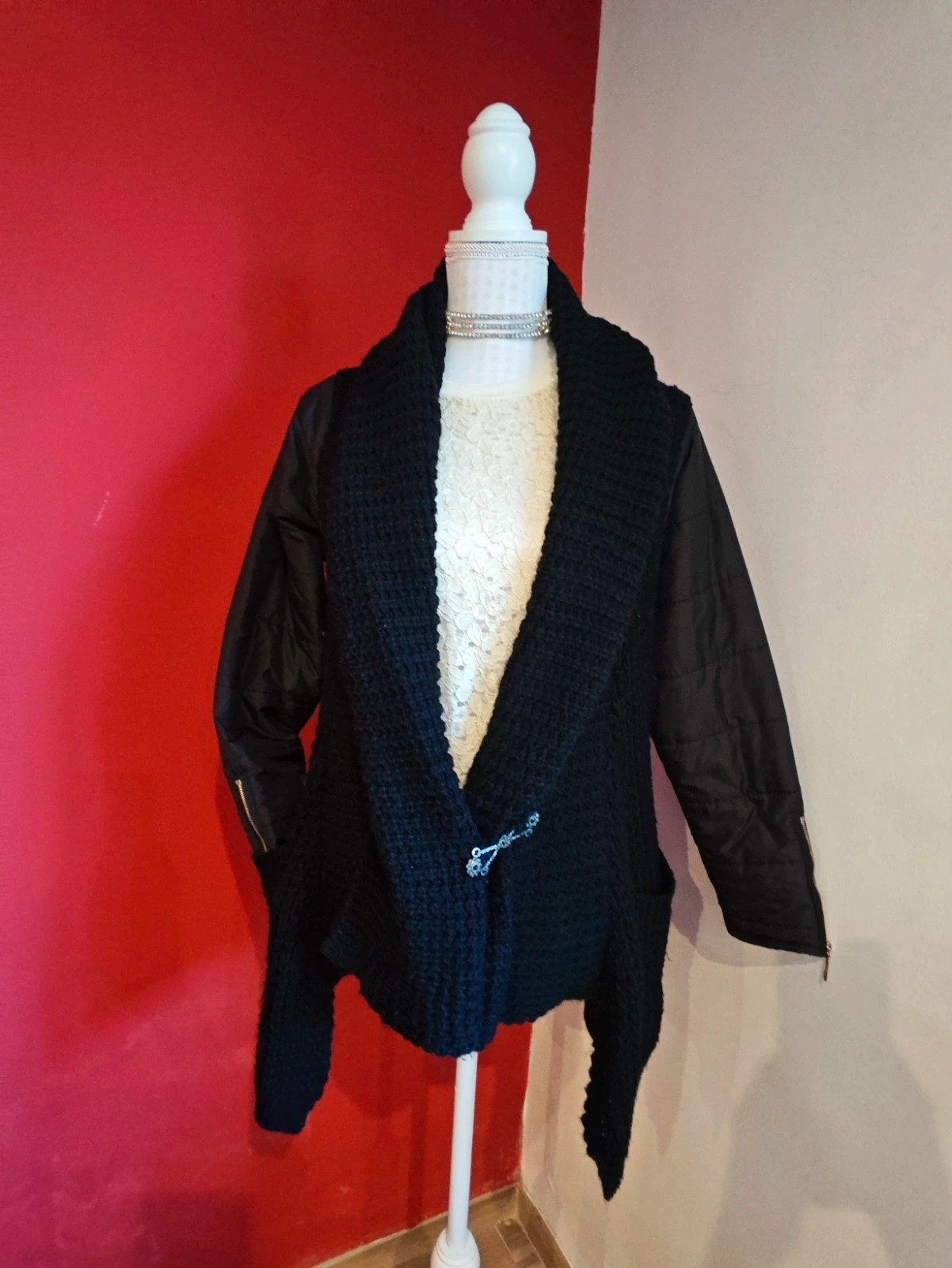 🌺 Chaqueta abrigo de punto negro y mangas tipo gabardina con cremallera – Nicole – taille XL / 42 / 14 2