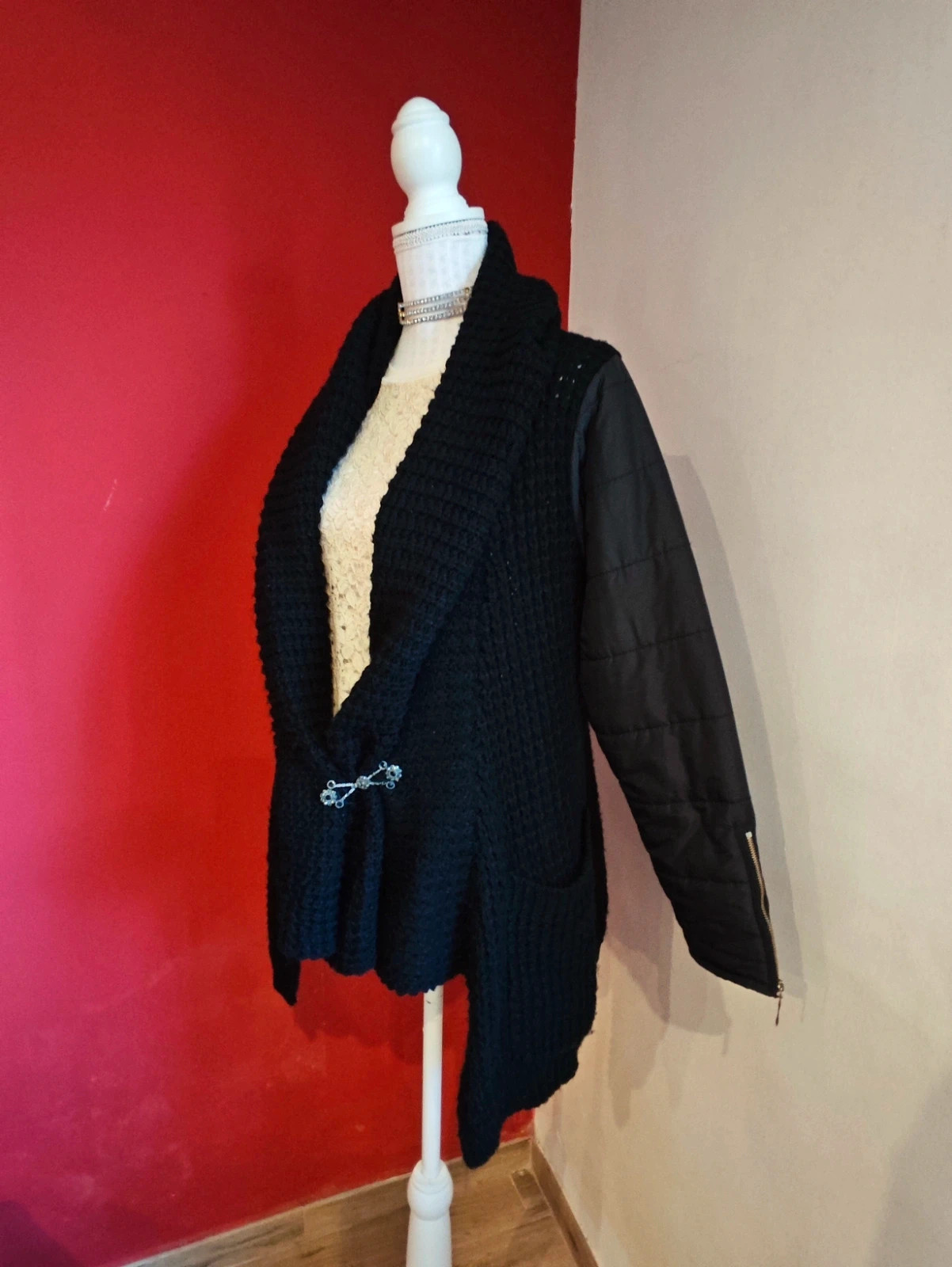 🌺 Chaqueta abrigo de punto negro y mangas tipo gabardina con cremallera – Nicole – taille XL / 42 / 14 3