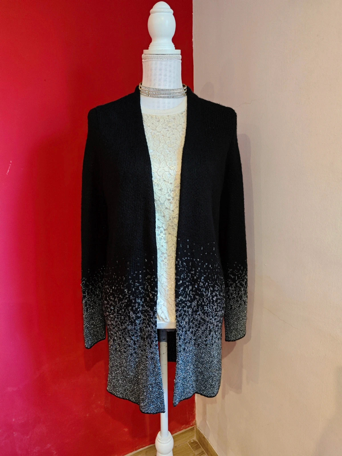 🌺 Magnífica chaqueta abrigo de punto negro con la parte de abajo plateada – Yessica – taille XL / 42 / 14 2