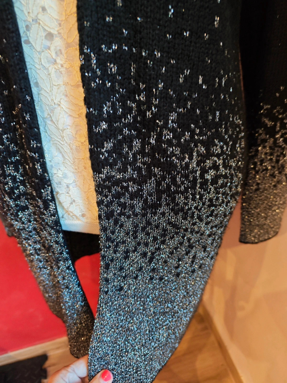 🌺 Magnífica chaqueta abrigo de punto negro con la parte de abajo plateada – Yessica – taille XL / 42 / 14 5