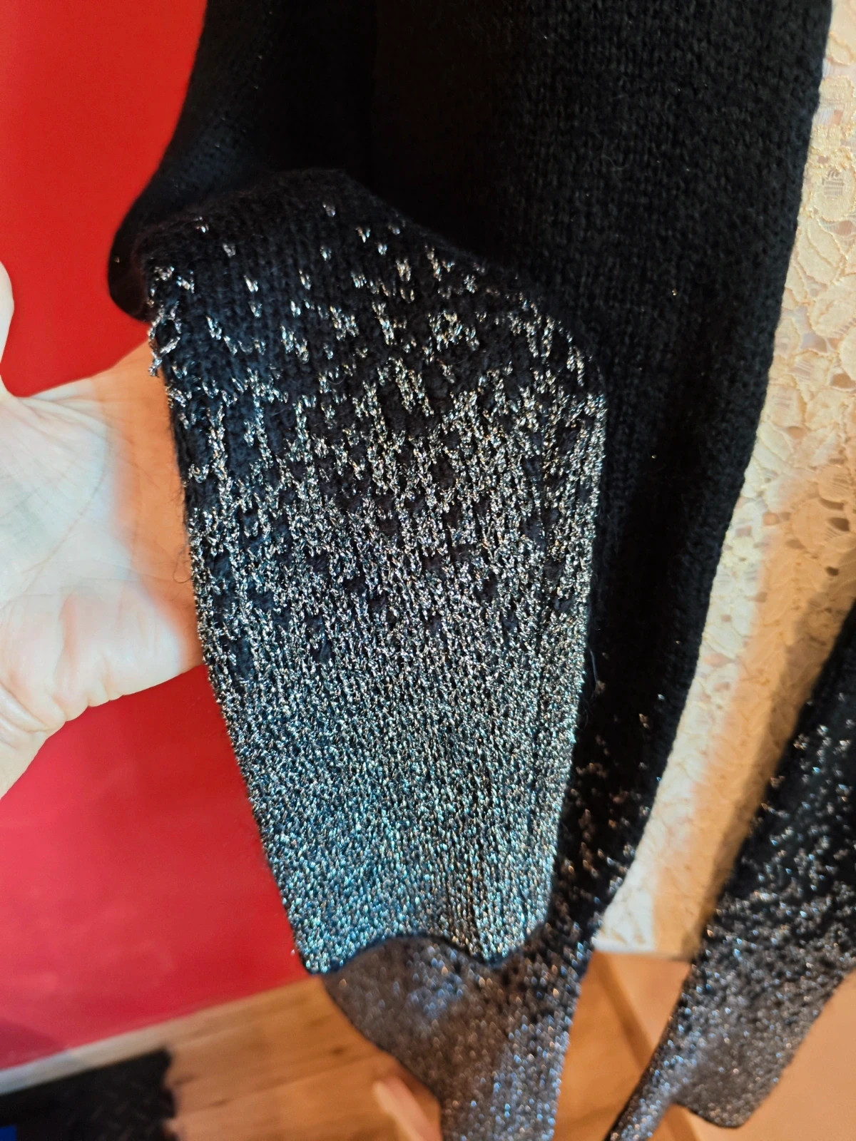 🌺 Magnífica chaqueta abrigo de punto negro con la parte de abajo plateada – Yessica – taille XL / 42 / 14 4