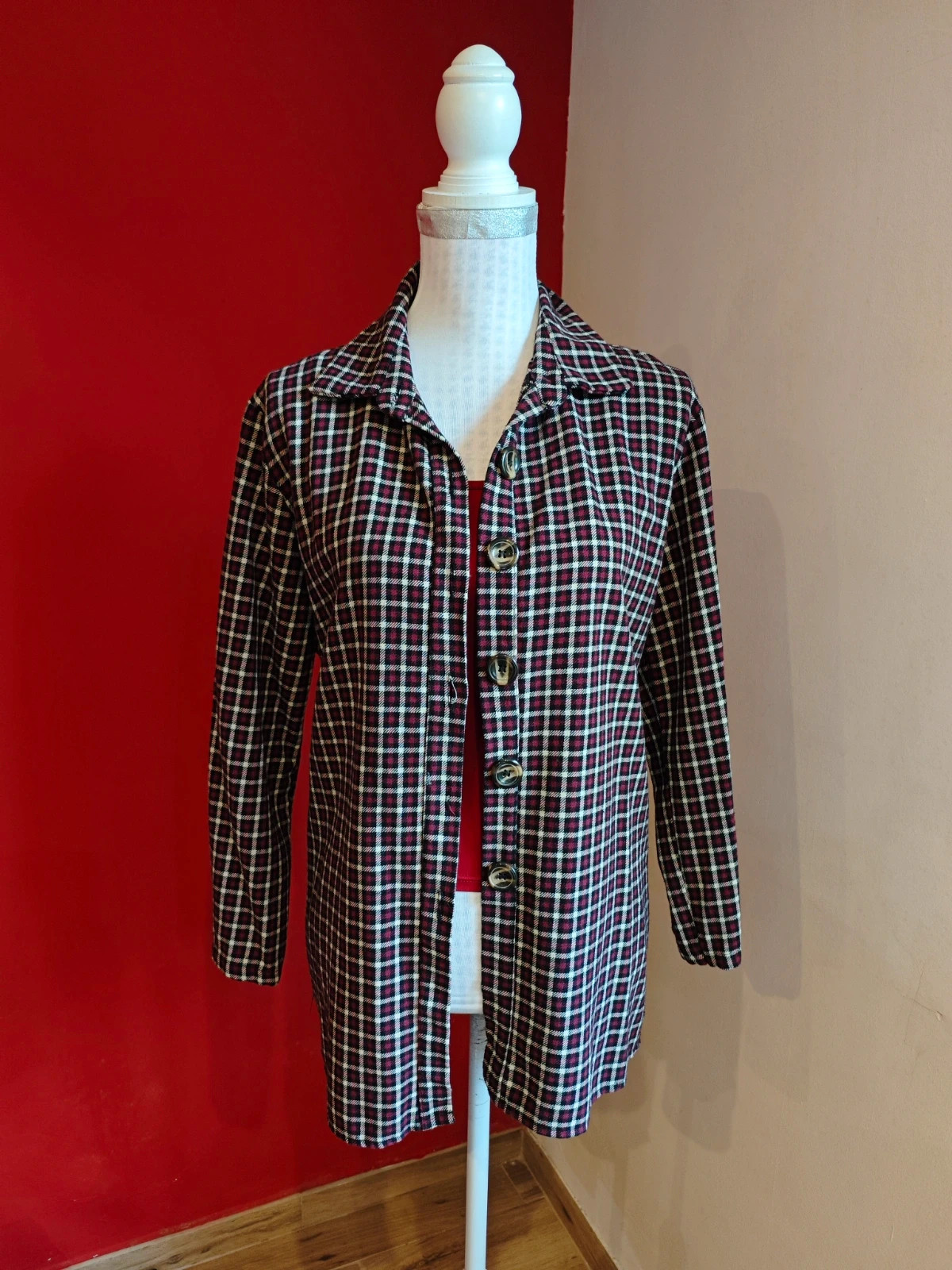 🌺Sobrecamisa de cuadros negros, granate y blanco – taille XXL / 44 / 16