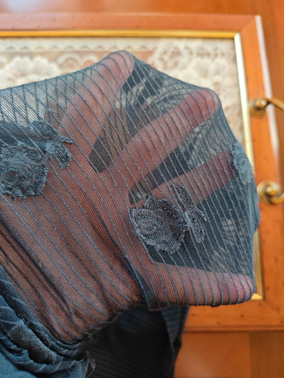 🌺Pantys de fantasía azul marino con flores sobre transparente sedoso – Fiona – taille M / 38 / 10 4