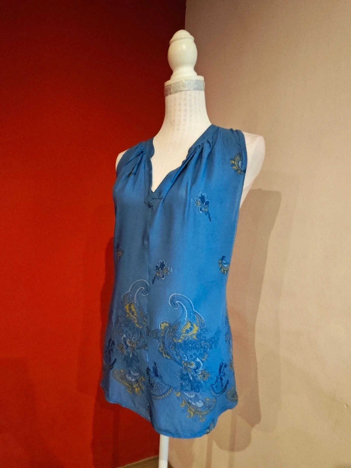 🌺Blusa azul con estampado en el bajo y pliegues en cuello – taille 4XL / 48 / 20 3