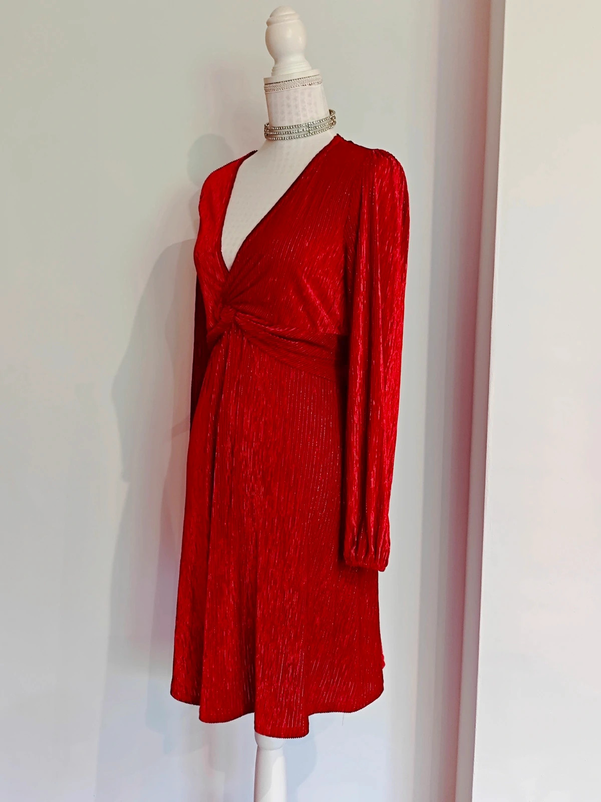 🌺 Precioso vestido rojo de punto plisado con hilos de lurex – taille XL / 42 / 14 2