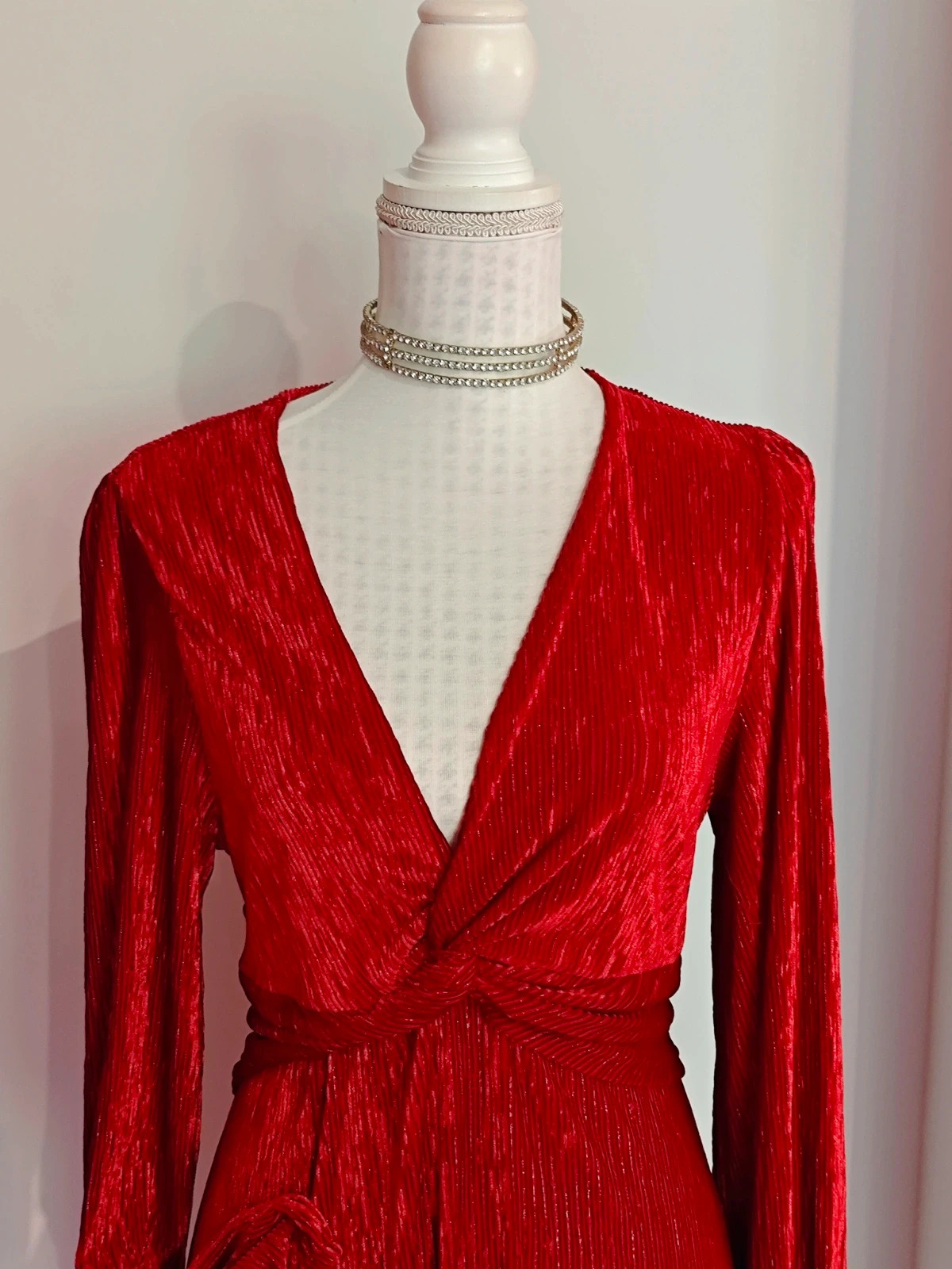 🌺 Precioso vestido rojo de punto plisado con hilos de lurex – taille XL / 42 / 14 3