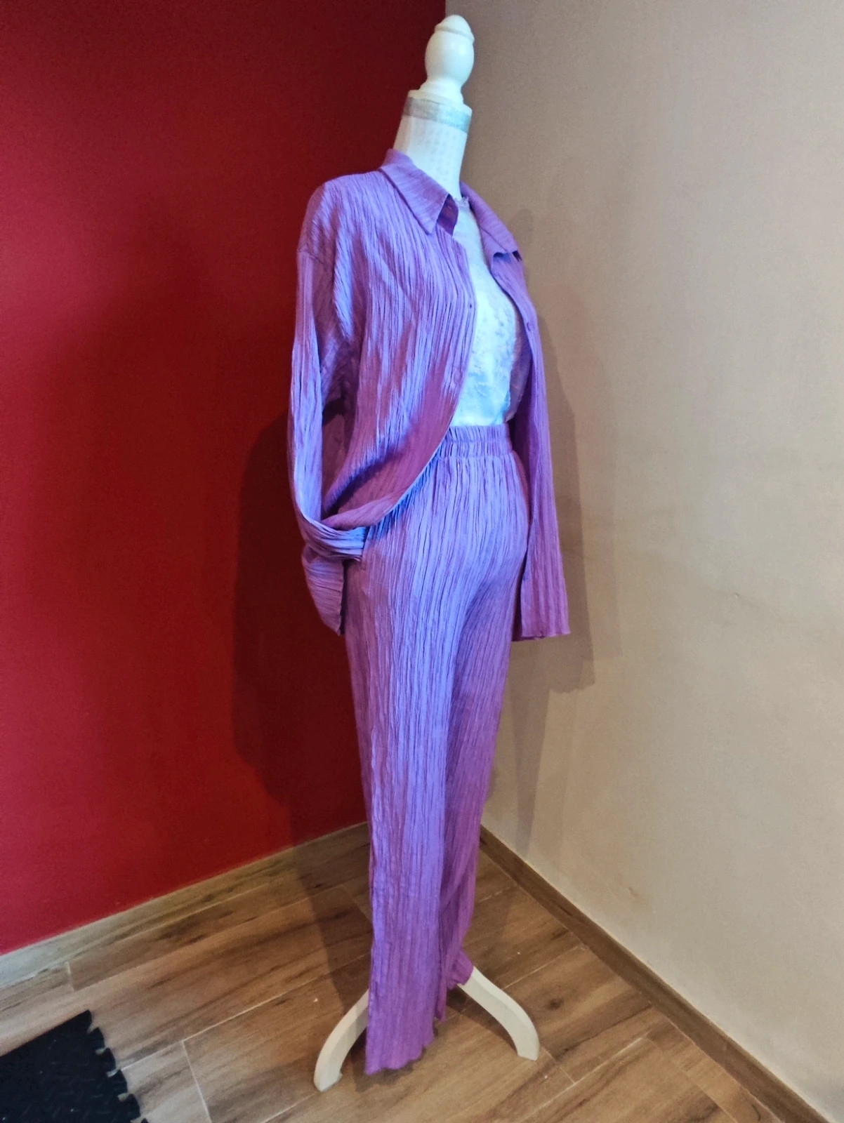 🌺 Precioso traje de sobrecamisa y pantalón lila tela efecto arrugadito – salants – taille M / 38 / 10 3