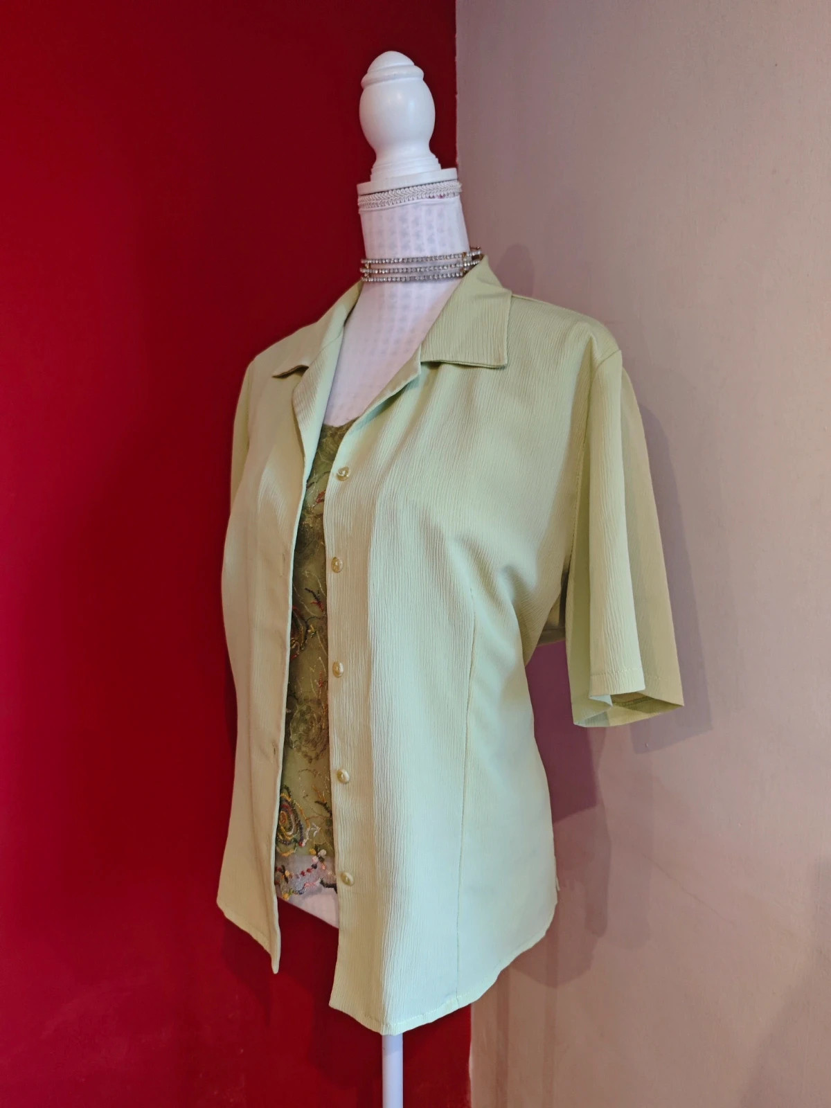 🌺Camisa verde clarito tejido efecto arrugadito – esanda – taille 5XL / 50 / 22 2