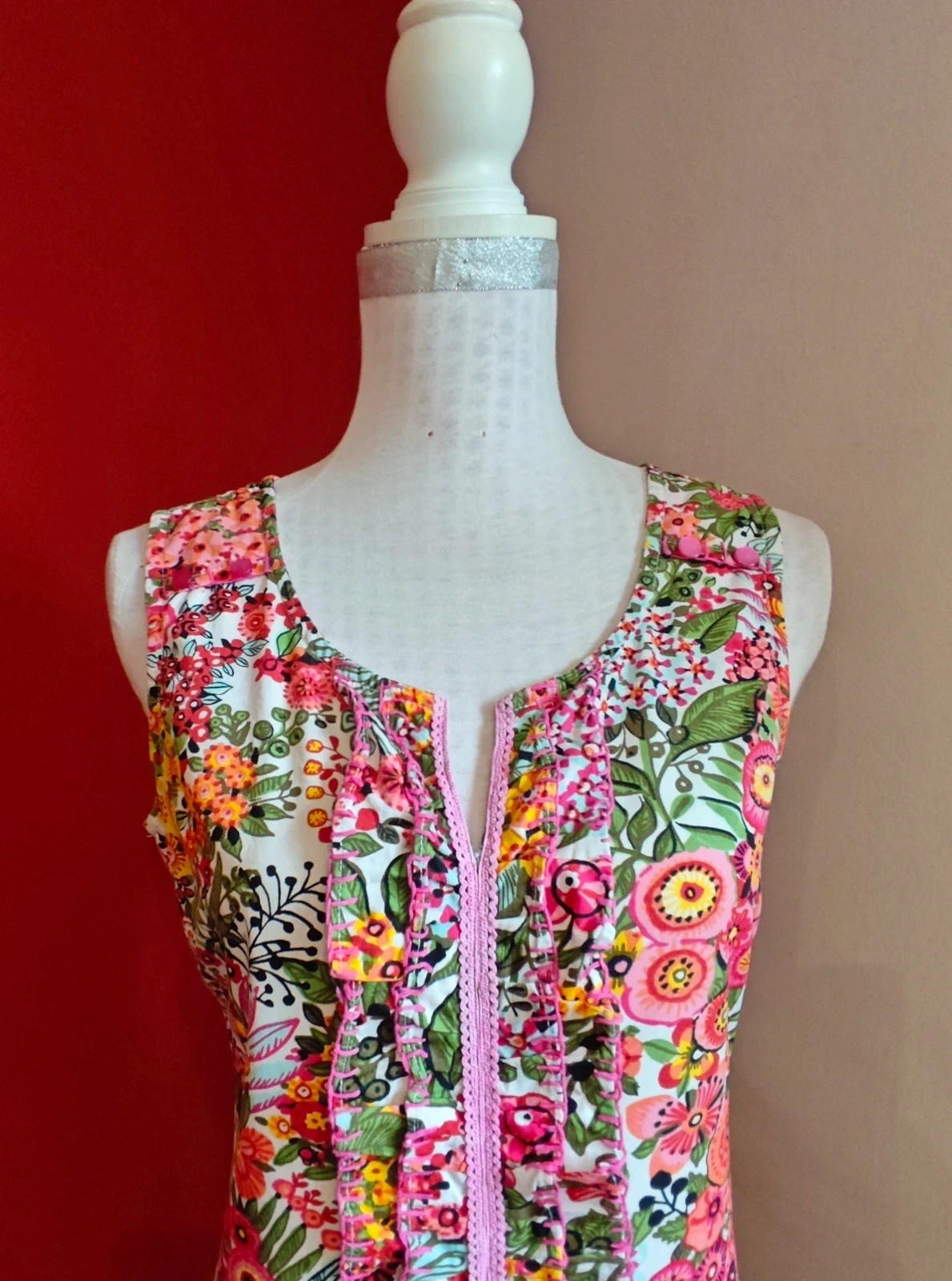 🌺Vestido de algodón estampado floral con volantes delante y cinta de crochet rosa – Tonala – taille XL / 42 / 14 3