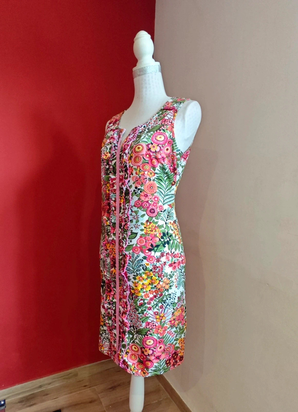 🌺Vestido de algodón estampado floral con volantes delante y cinta de crochet rosa – Tonala – taille XL / 42 / 14 2