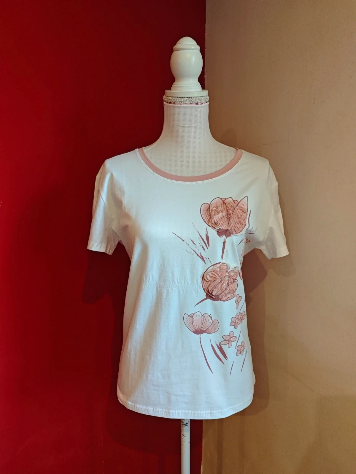 🌺Camiseta de algodón blanco con detalle de flores rosas con cinta de gasa – Impresion – taille L / 40 / 12 2
