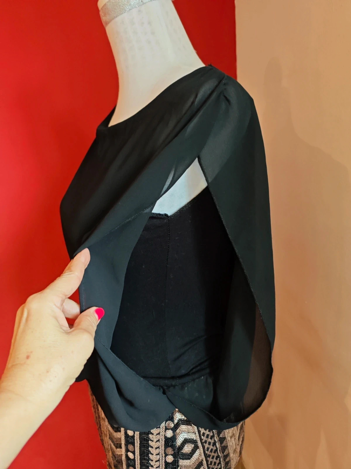 🌺Vestido de gasa negra y falda mini ajustada de lentejuelas – Made In Italy – taille S / 36 / 8 3