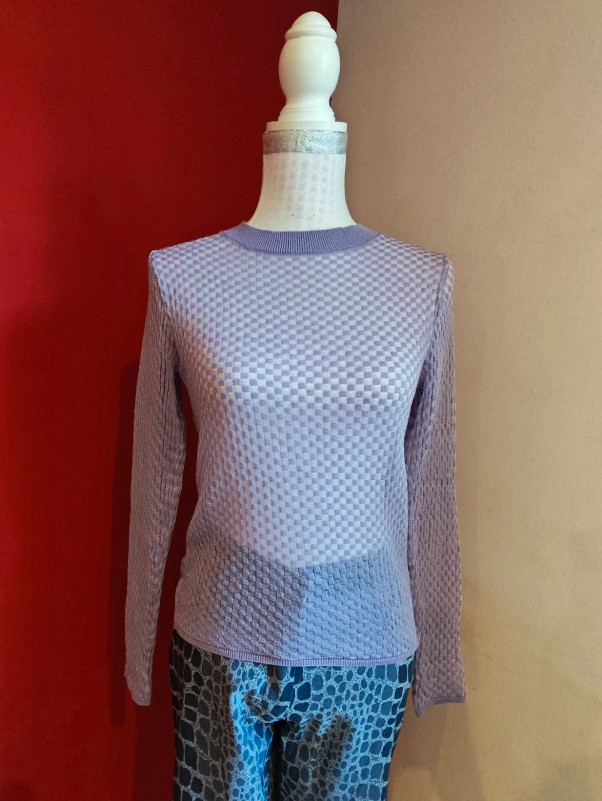 🌺Jersey fino tono lila con brillos con diseño de cuadros pequeños en relieve – Mango – taille M / 38 / 10 2