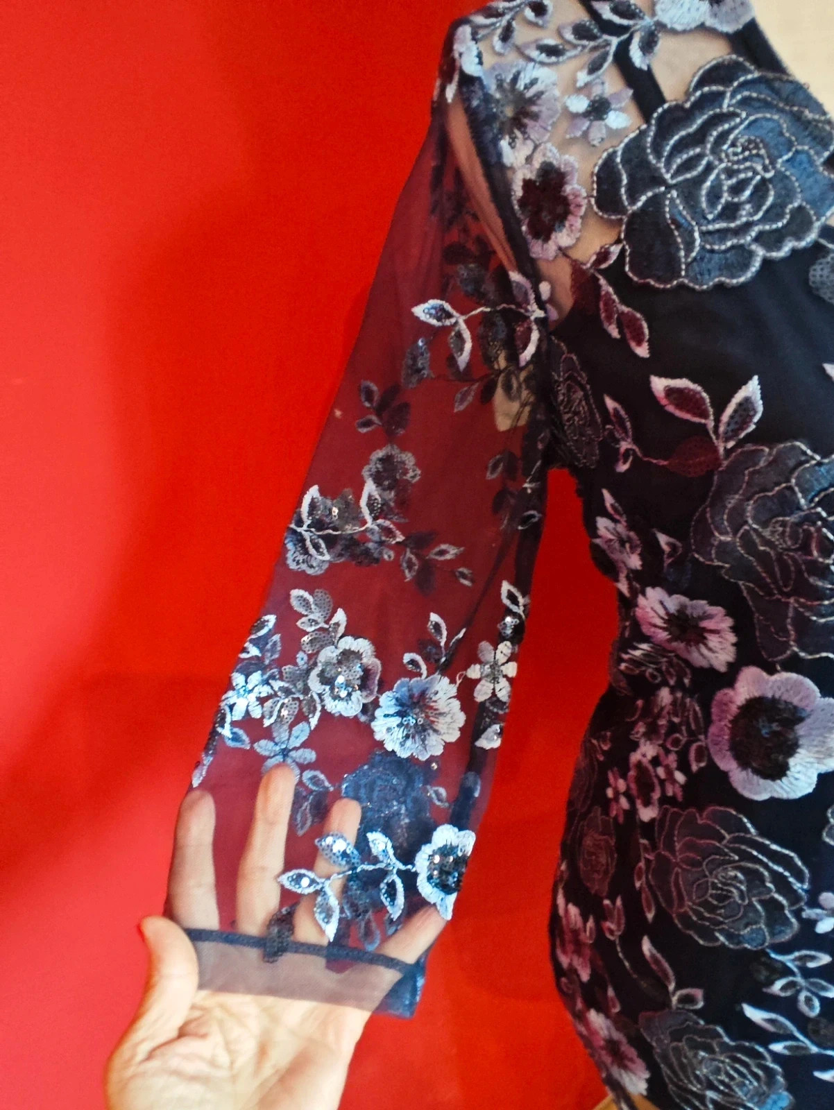 🌺 Elegante blusa para eventos de gasa azul marino con bordados florales y lentejuelas – Antonio Dominguez – taille XXXL / 46 / 18 5