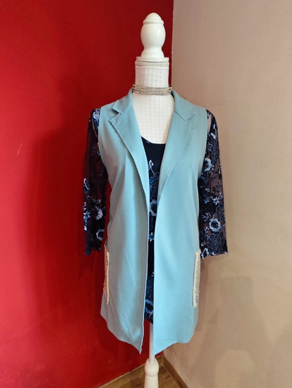 🌺 Precioso chaleco blazer de vestir azul clarito y bolsillos con lentejuelas plateadas – Wiya – taille XXL / 44 / 16 2