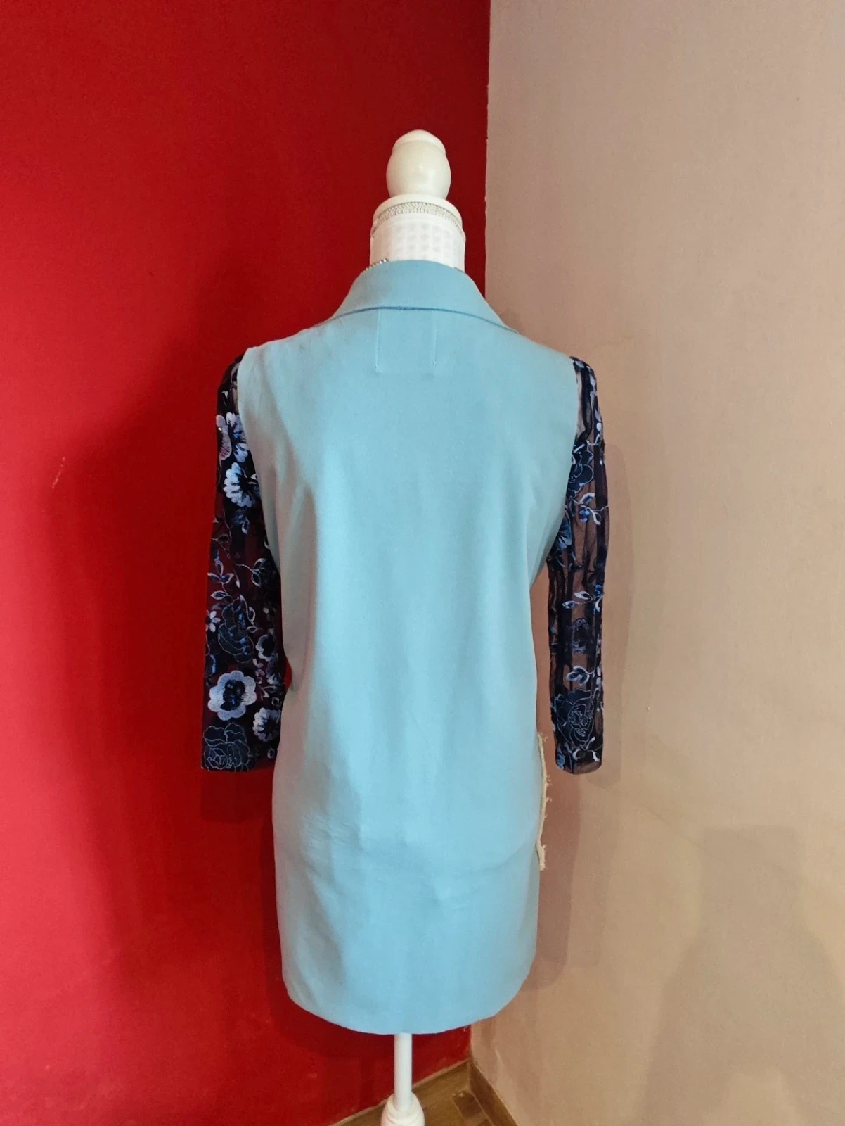🌺 Precioso chaleco blazer de vestir azul clarito y bolsillos con lentejuelas plateadas – Wiya – taille XXL / 44 / 16 5