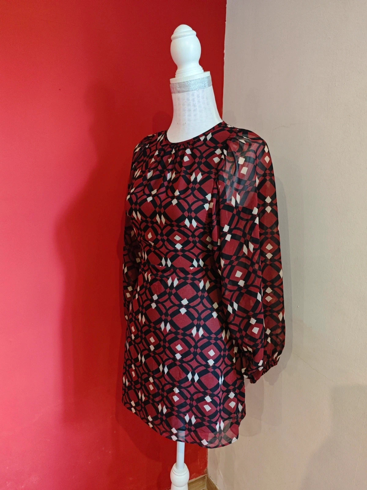 🌺Vestido mini de gasa tono caldera con estampado geométrico en negro y beige – Zara – taille XS / 34 / 6 3