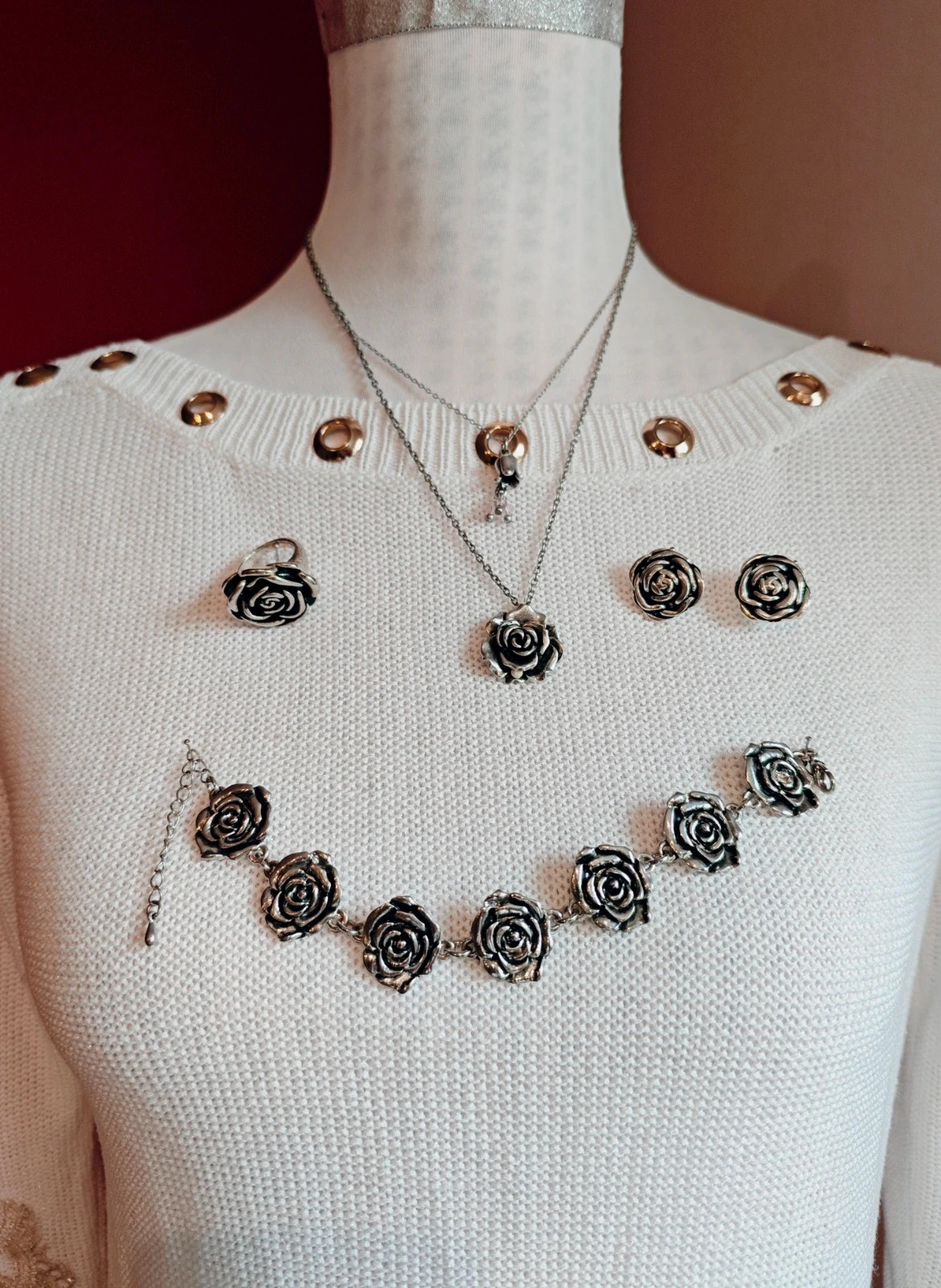 🌺 Bonito conjunto vintage de colgante, anillo, pendientes y pulsera plateados