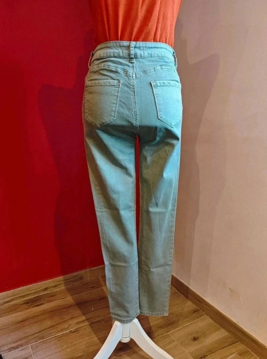 🌺 Cómodo pantalón vaquero pitillo verde caqui de algodón elástico, talla L – Vivid – taille L / 40 / 12 3