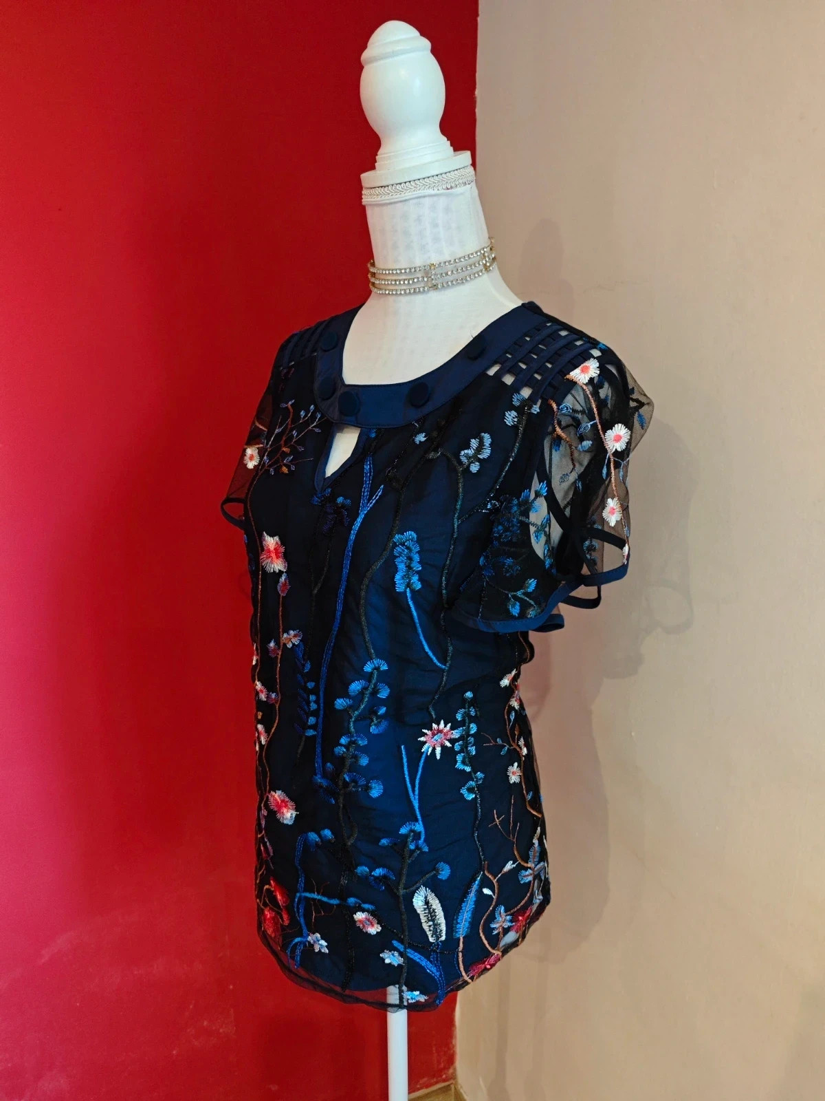 🌺Blusa de gaza azul marino con bordados florales – Vintage – taille XL / 42 / 14 2