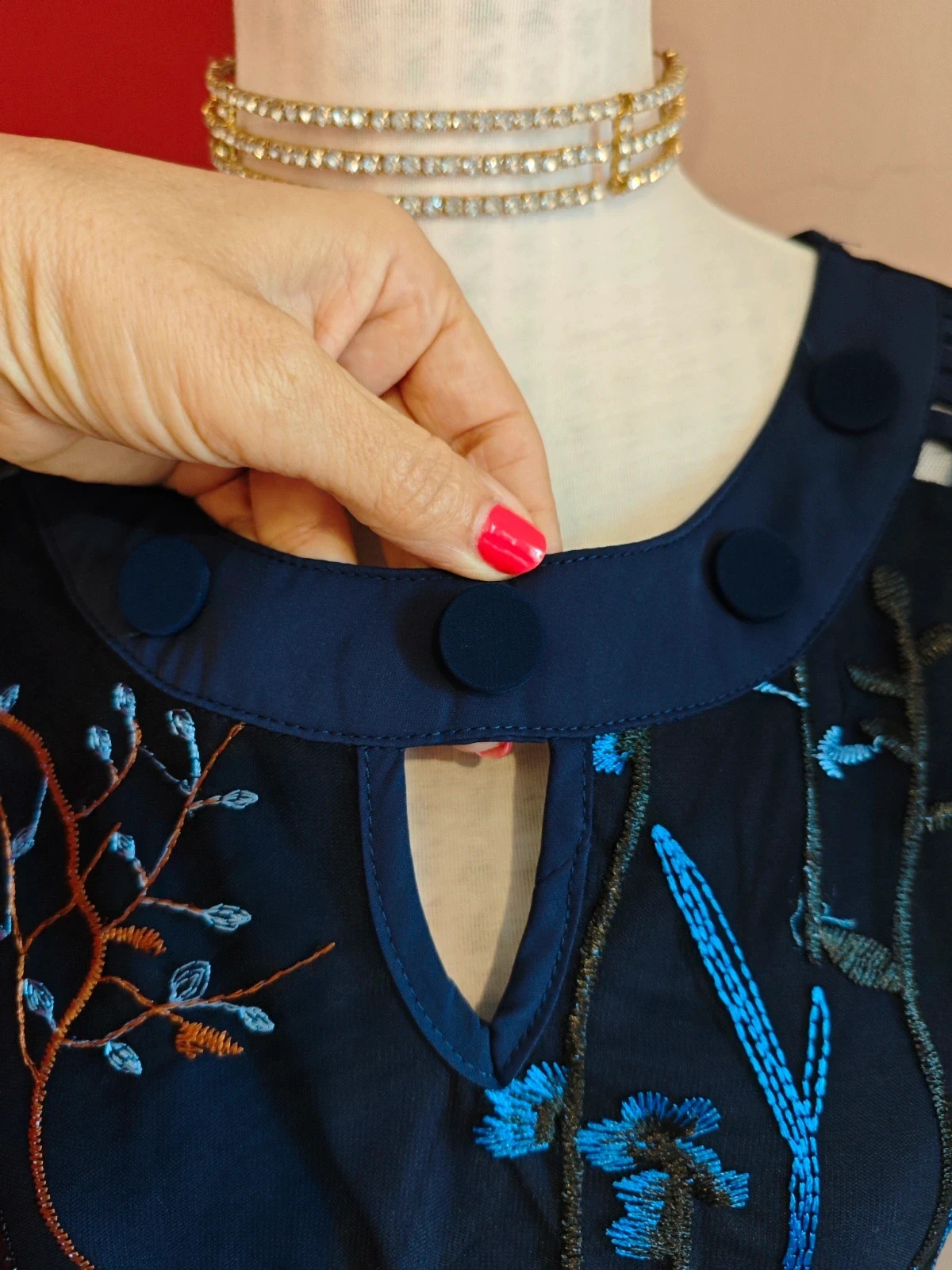 🌺Blusa de gaza azul marino con bordados florales – Vintage – taille XL / 42 / 14 3