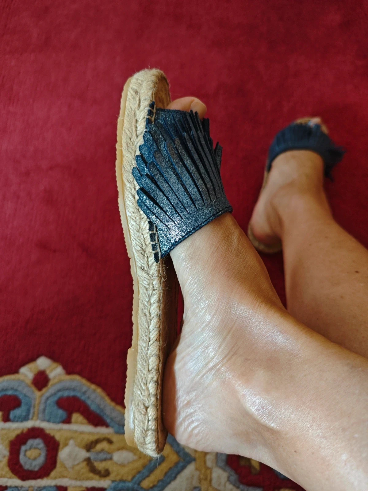 🌺Chanclas muy cómodas de yute y piel azul con brillos – Made In Spain – taille 37 3