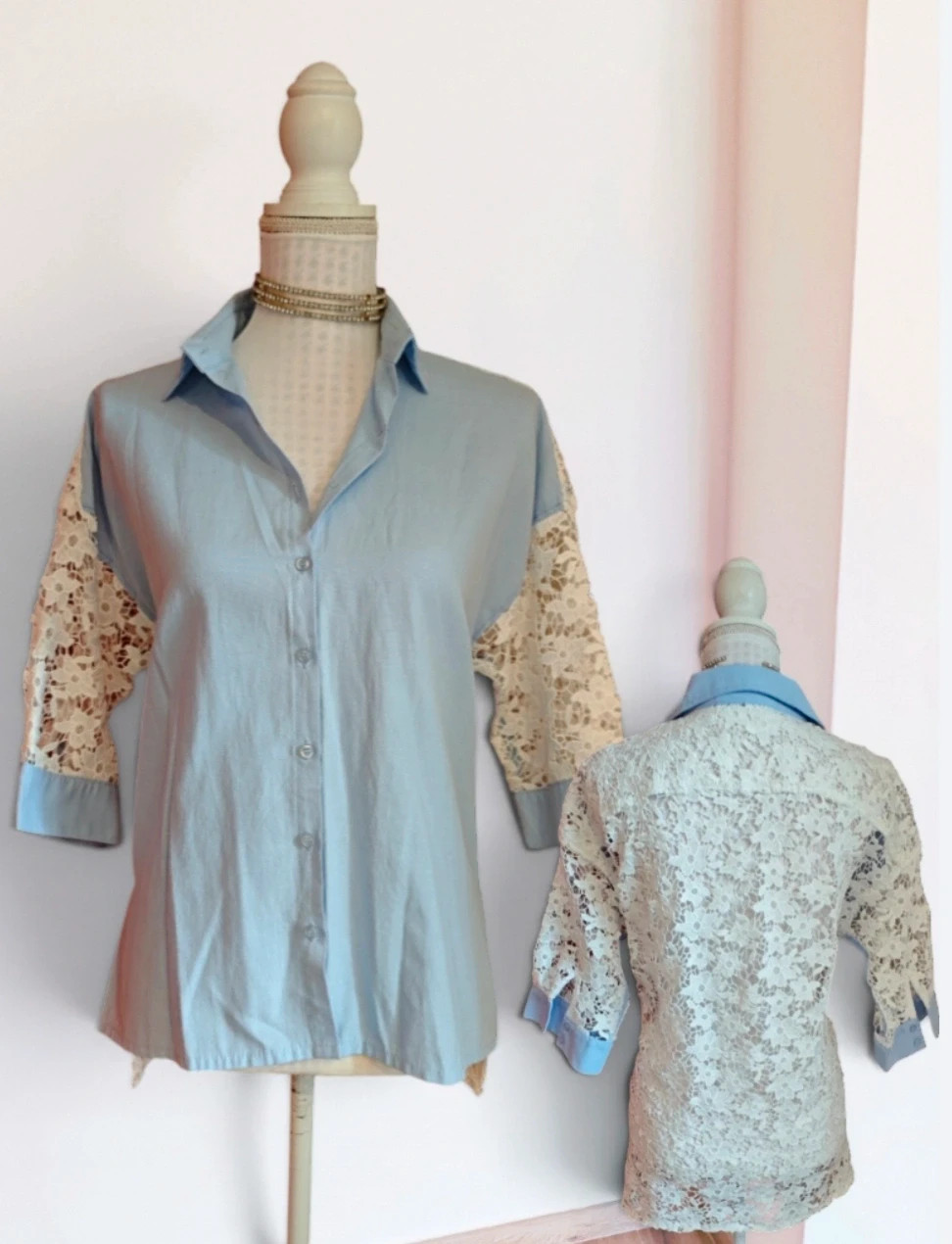 🌺 Camisa azul con crochet blanco en mangas y espalda