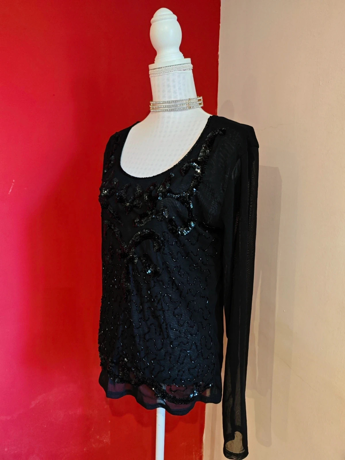 🌺Blusa de gasa negra con lentejuelas – Pure Dragon Trade – taille L / 40 / 12 3