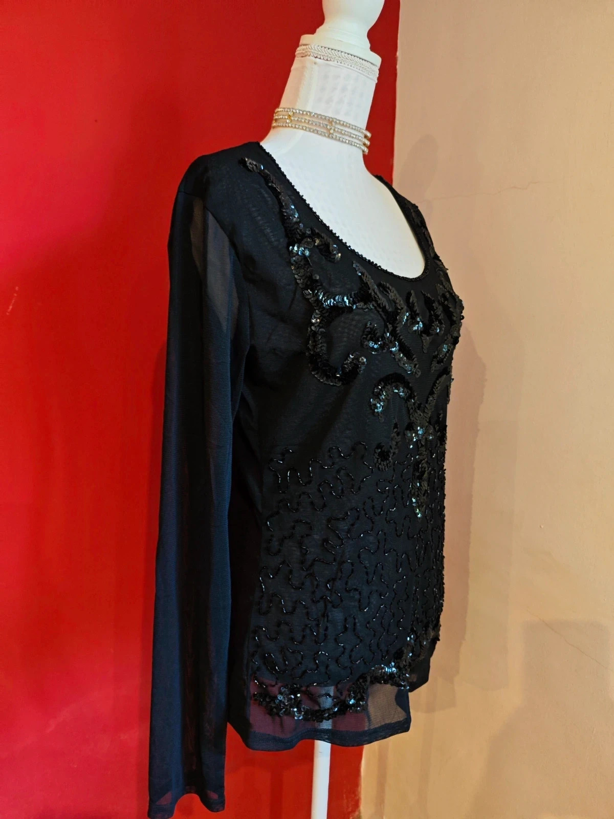 🌺Blusa de gasa negra con lentejuelas – Pure Dragon Trade – taille L / 40 / 12 4