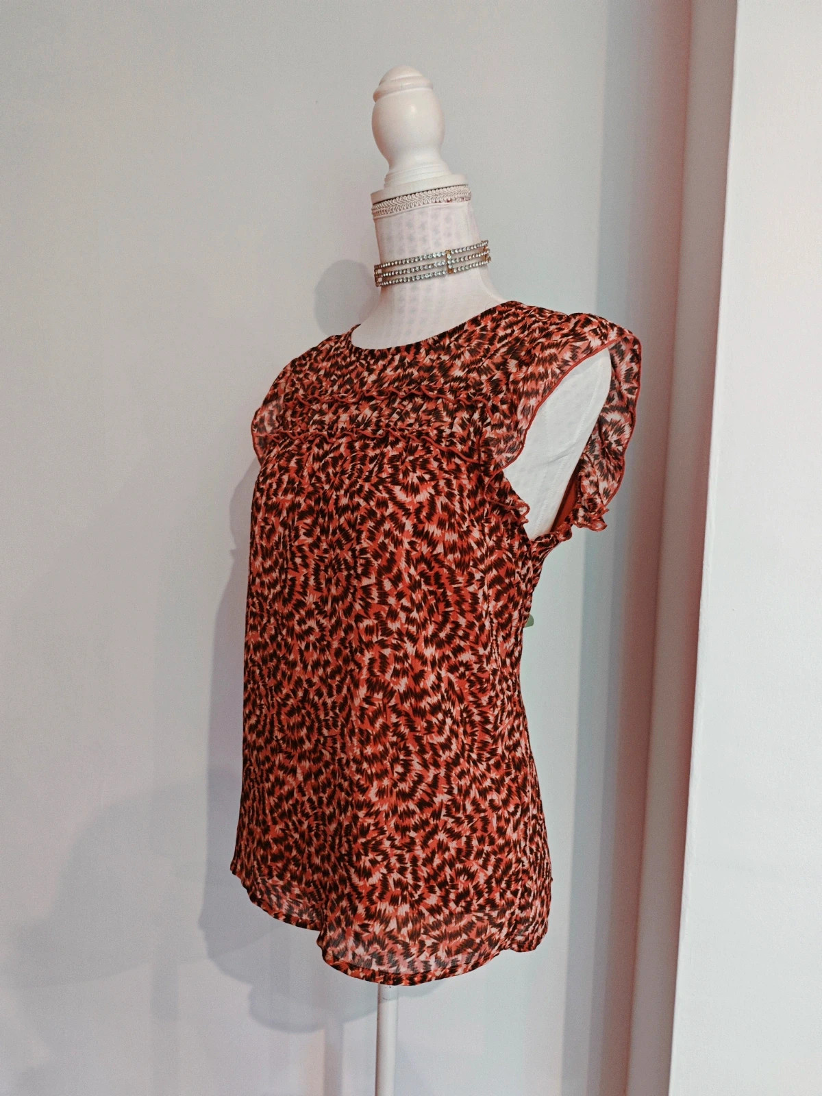 🌺Blusa de gasa estampado rosa, marrón y crema – taille XXL / 44 / 16 2