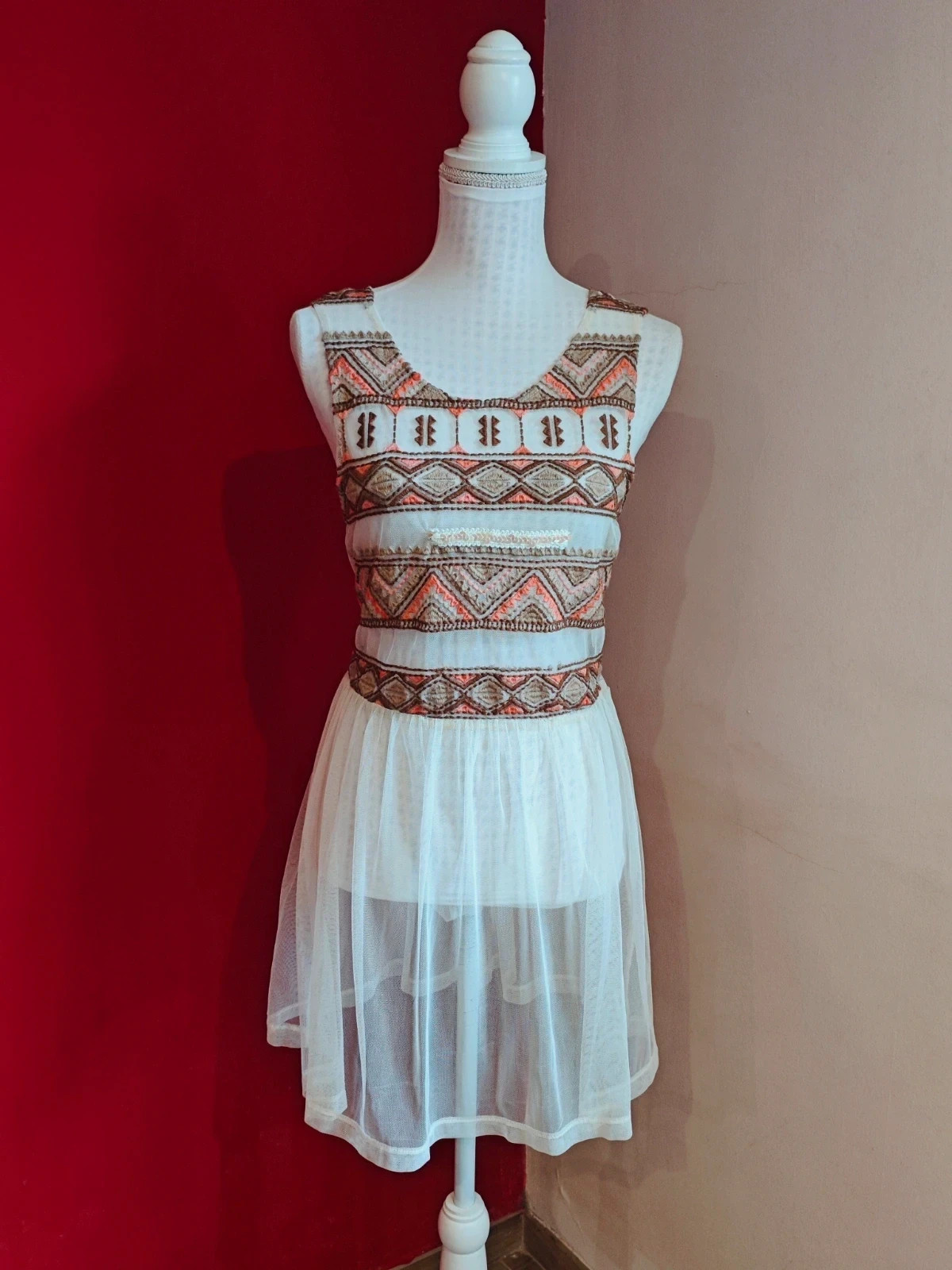 🌺Caftán vestido de gasa color crema con bordados étnicos – Vintage Dressing – taille M / 38 / 10 2