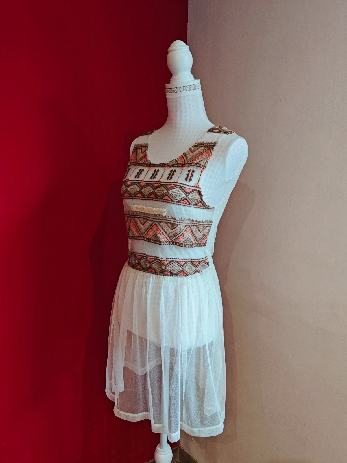 🌺Caftán vestido de gasa color crema con bordados étnicos – Vintage Dressing – taille M / 38 / 10 3
