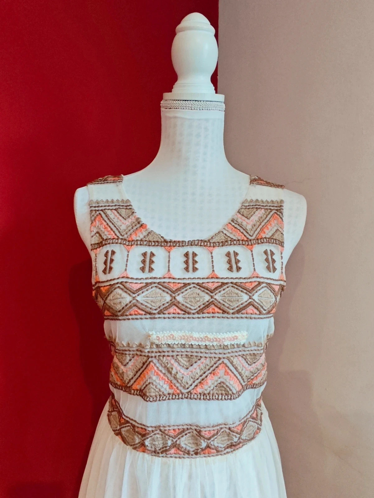 🌺Caftán vestido de gasa color crema con bordados étnicos – Vintage Dressing – taille M / 38 / 10 4