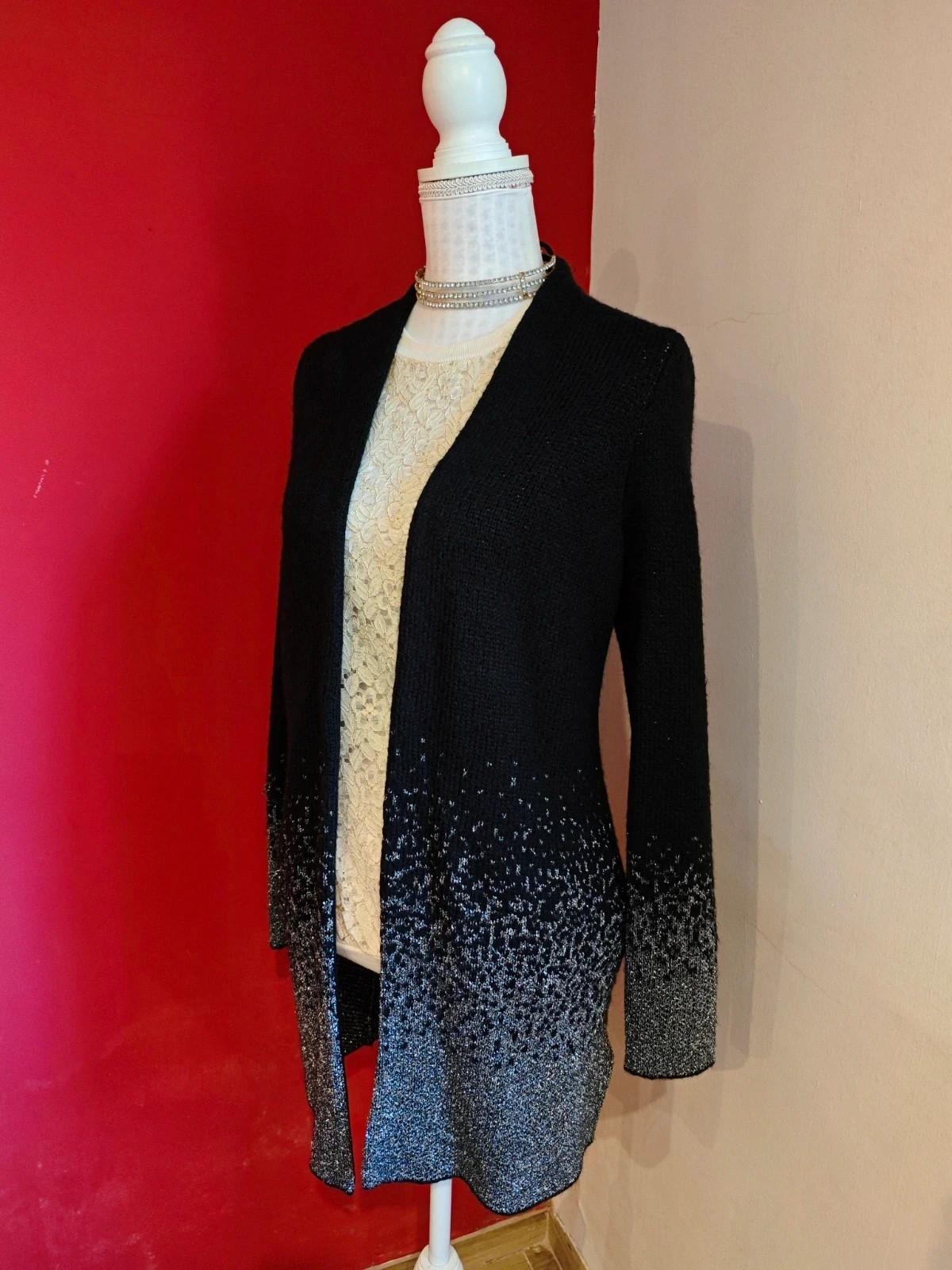 🌺Preciosa chaqueta abrigo de punto negro con la parte de abajo plateada – Yessica – taille XL / 42 / 14 4