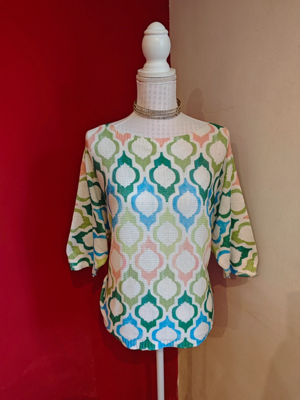 🌺 Precioso jersey de entretiempo de punto blanco con figuras geométricas multicolor – taille XXL / 44 / 16 2