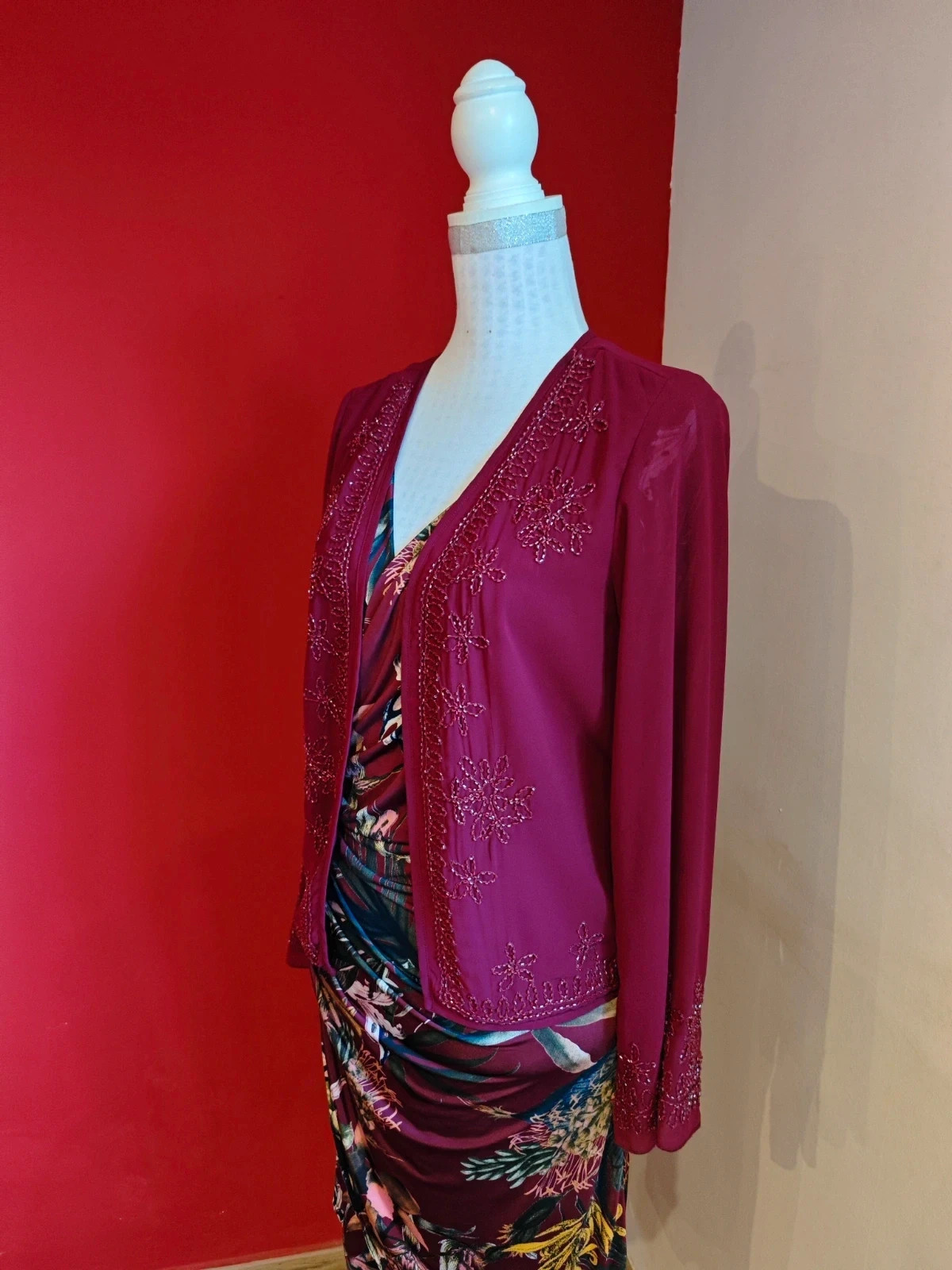 🌺 Elegante blazer de gasa granate con abalorios – Top Queens – taille L / 40 / 12 3