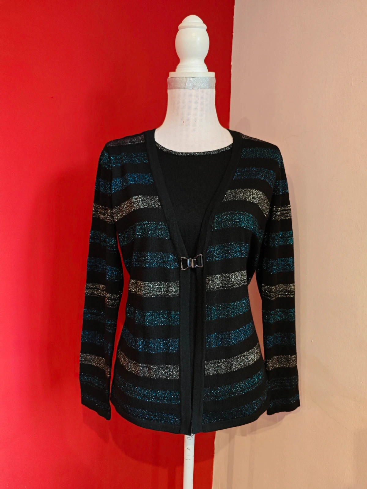 🌺 Bonito jersey negro con franjas azul y plateado con brillos que simula un twin set – Canda – taille L / 40 / 12 2