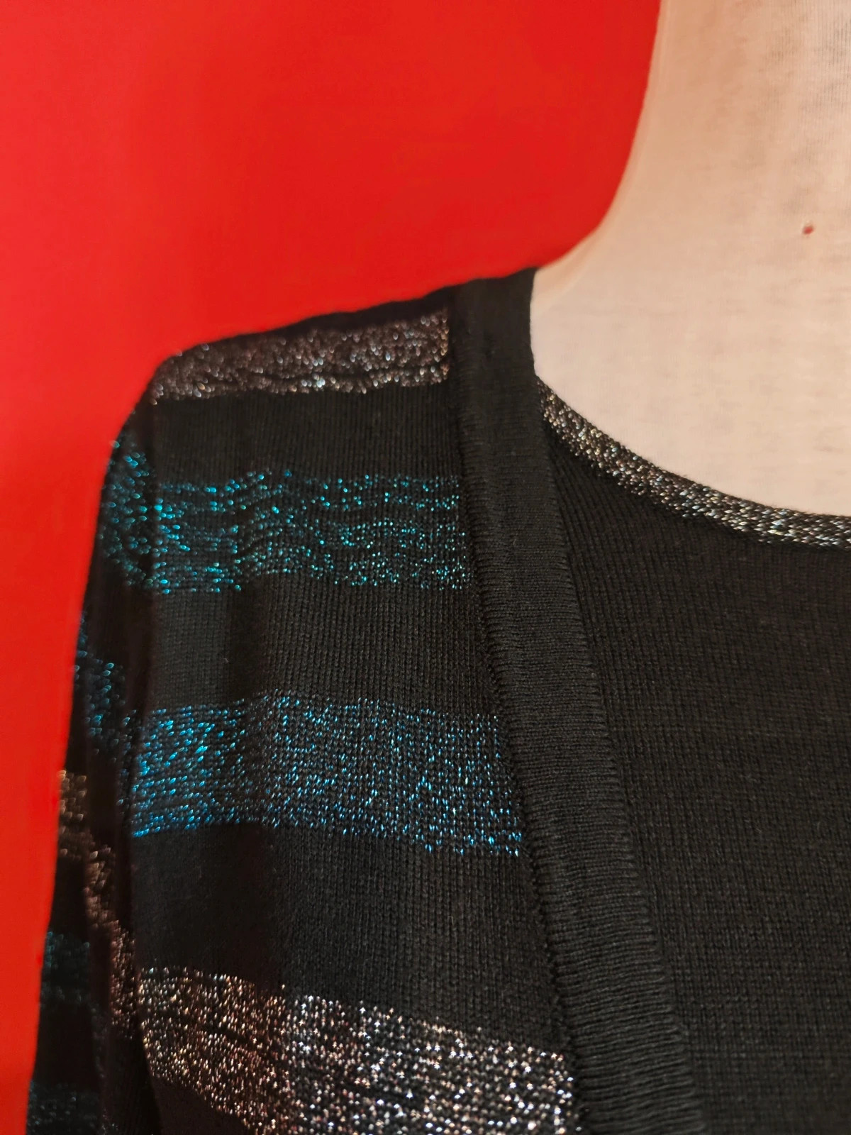 🌺 Bonito jersey negro con franjas azul y plateado con brillos que simula un twin set – Canda – taille L / 40 / 12 5