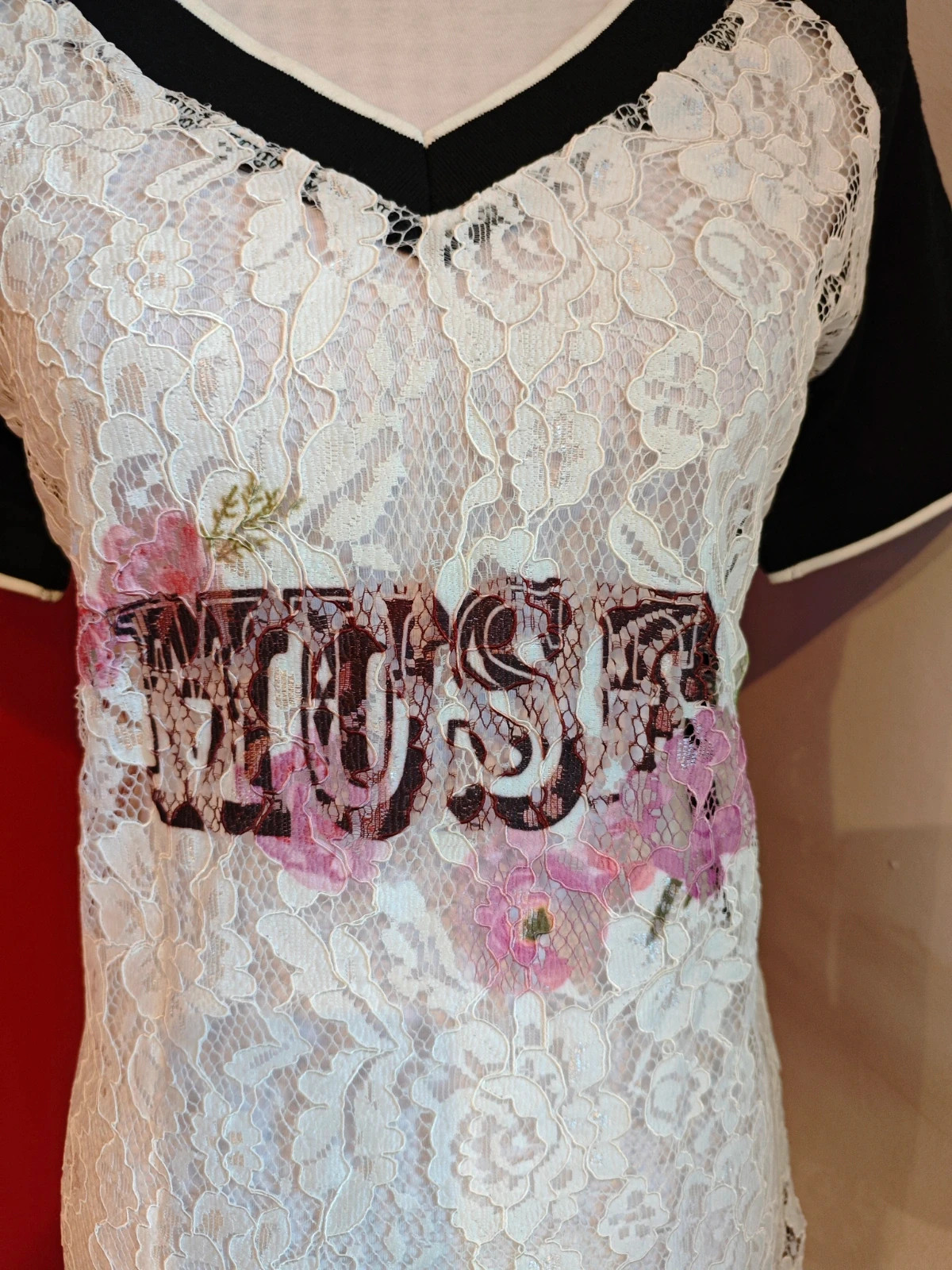 🌺 Original camiseta con blonda blanca delante con logo y negra detrás, talla L – Odemai – taille L / 40 / 12 5